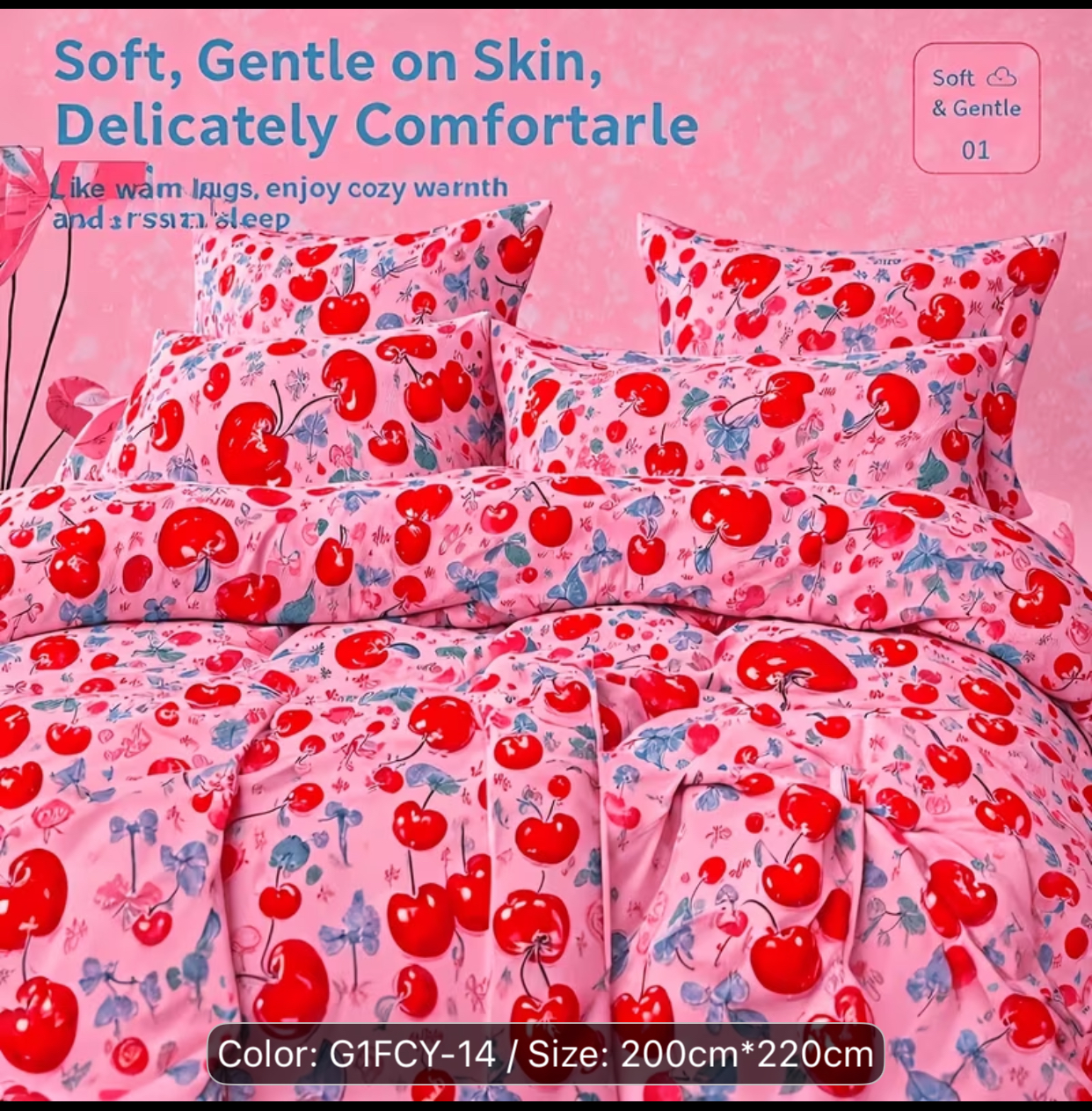 Sweet Cherry & Bow Knot Print Bedding Set – Vibrant Pink Soft & Cozy Duvet Cover Set (Size: 200cm x 220cm)
