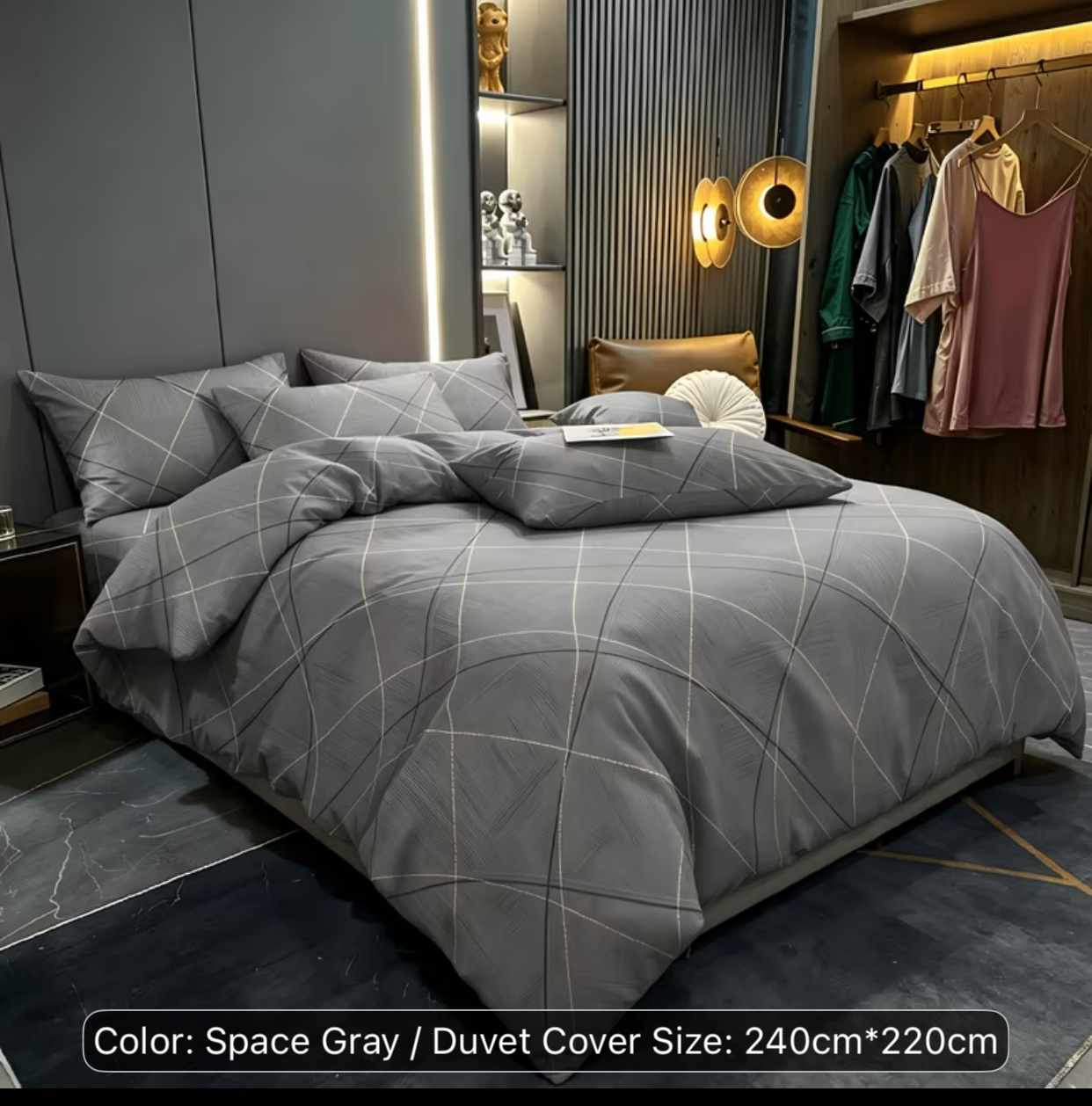 Modern Space Gray Geometric Plaid Duvet Cover Set – Minimalist Arc Line Print Bedding Set (Duvet Cover Size: 240cm x 220cm