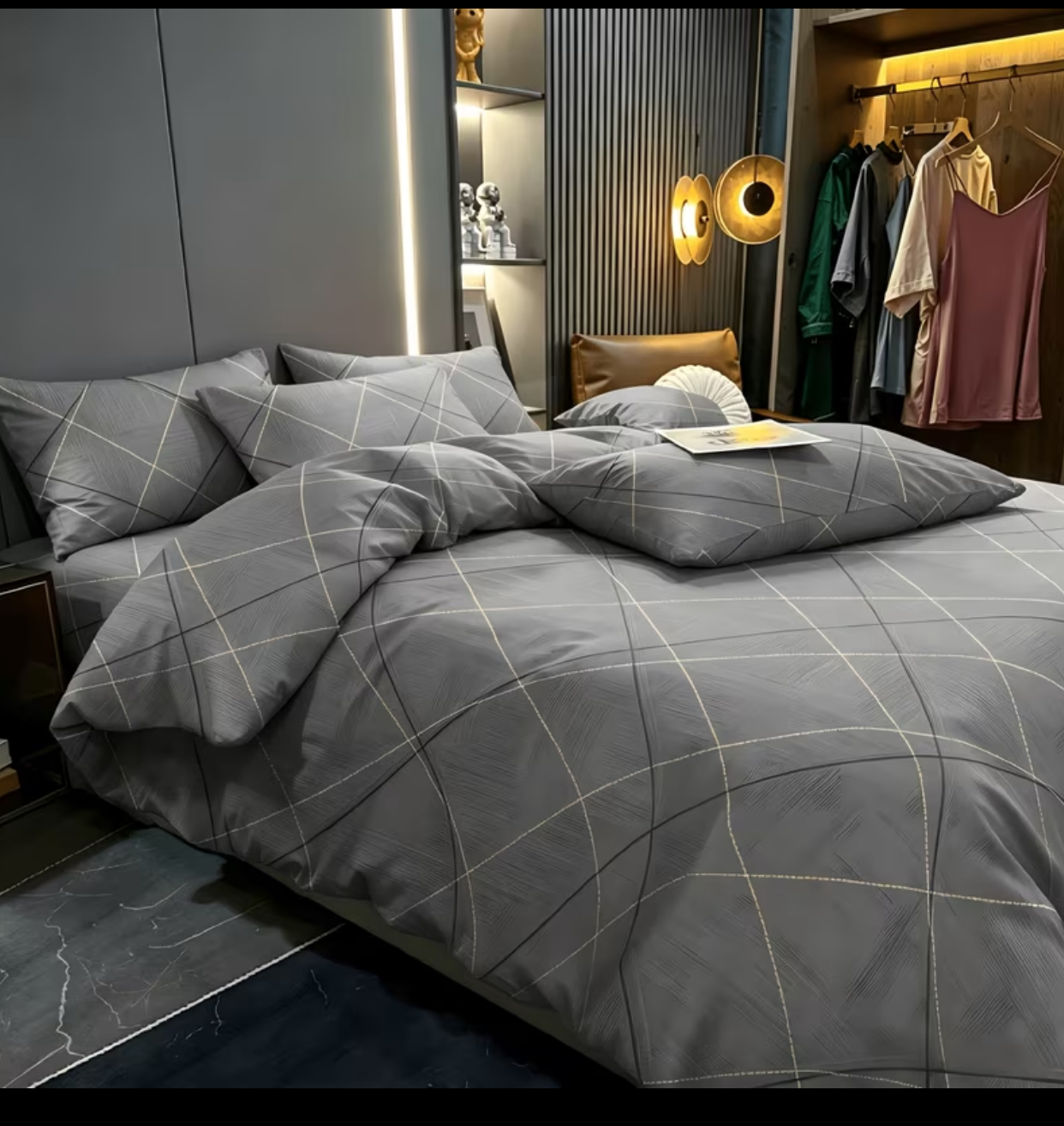Modern Space Gray Geometric Plaid Duvet Cover Set – Minimalist Arc Line Print Bedding Set (Duvet Cover Size: 240cm x 220cm 3