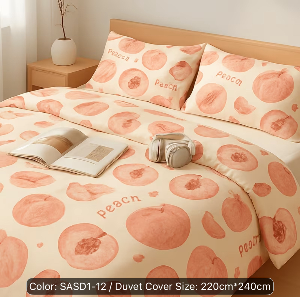 Warm Cream Sweet Peach Print Duvet Cover Set – Cozy Pastel Fruit Aesthetic Bedding (Duvet Cover Size: 220cm x 240cm)