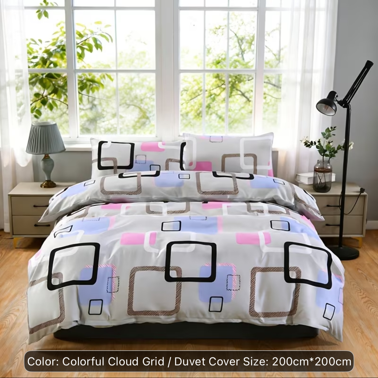 Colorful Cloud Grid Abstract Squares Duvet Cover Set – Modern Pastel Pink & Purple Bedding (Duvet Cover Size: 200cm x 200cm)