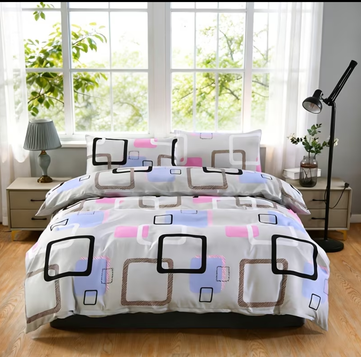 Colorful Cloud Grid Abstract Squares Duvet Cover Set – Modern Pastel Pink & Purple Bedding (Duvet Cover Size: 200cm x 200cm) 2