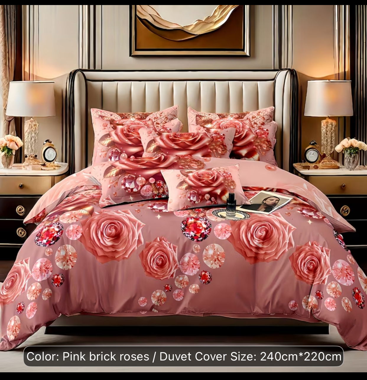 Pink Brick Roses & Sparkling Diamond Crystal Print Bedding Set – Ultra-Luxury Floral Duvet Cover Set (Size: 240cm x 220cm)