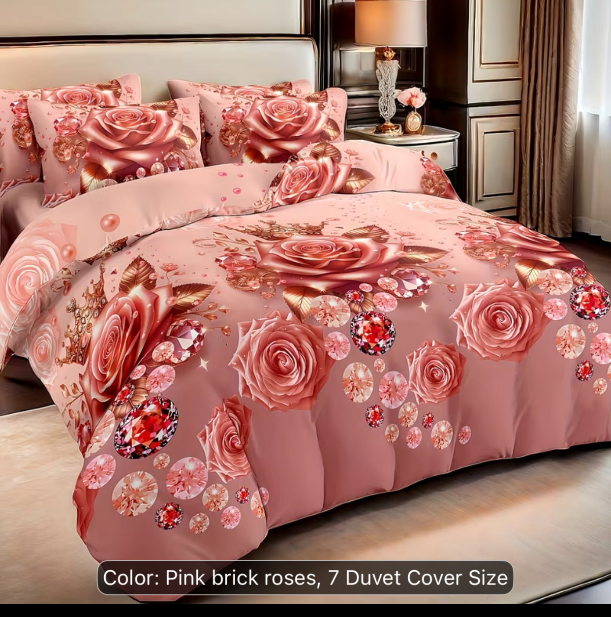 Pink Brick Roses & Sparkling Diamond Crystal Print Bedding Set – Ultra-Luxury Floral Duvet Cover Set (Size: 240cm x 220cm) 2
