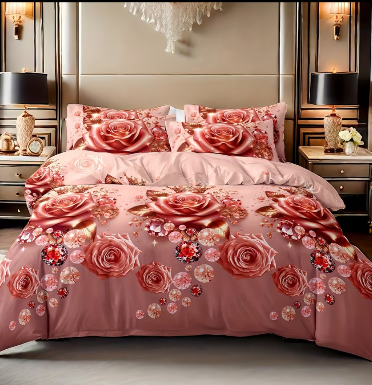 Pink Brick Roses & Sparkling Diamond Crystal Print Bedding Set – Ultra-Luxury Floral Duvet Cover Set (Size: 240cm x 220cm) 3
