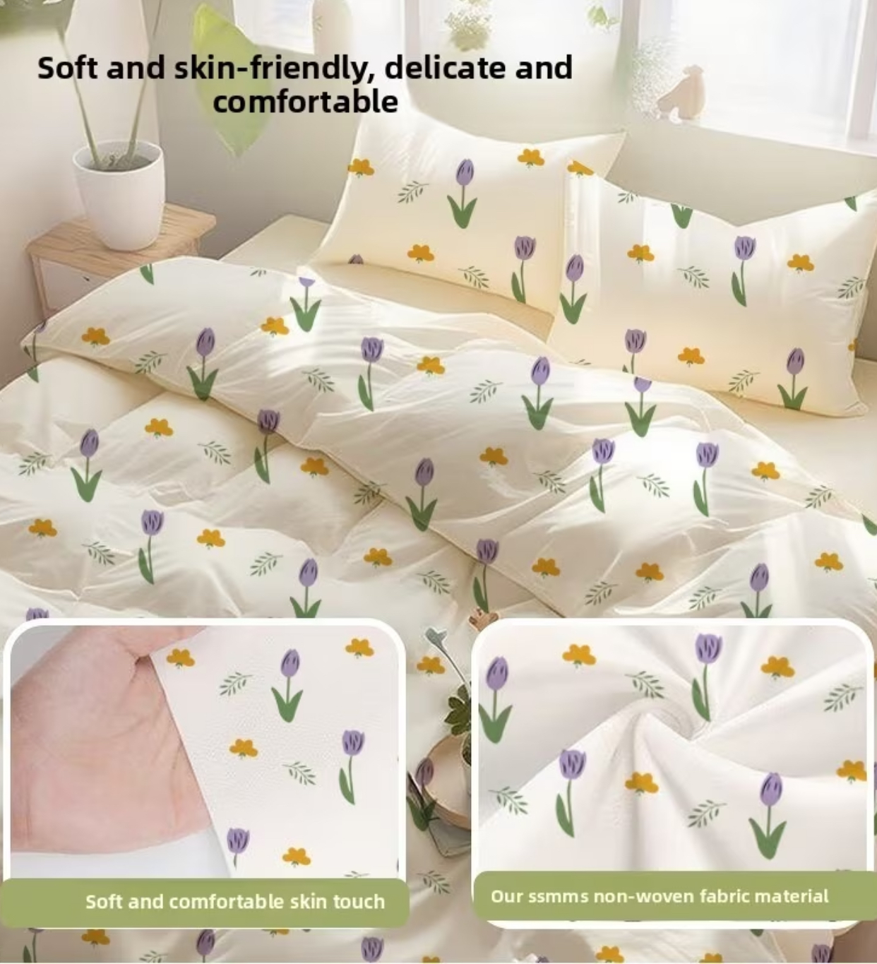Sweet Lavender Tulip & Yellow Blossom Cream Bedding Set – Fresh Floral Minimalist Duvet Cover Set (Size: 200cm x 220cm) 2