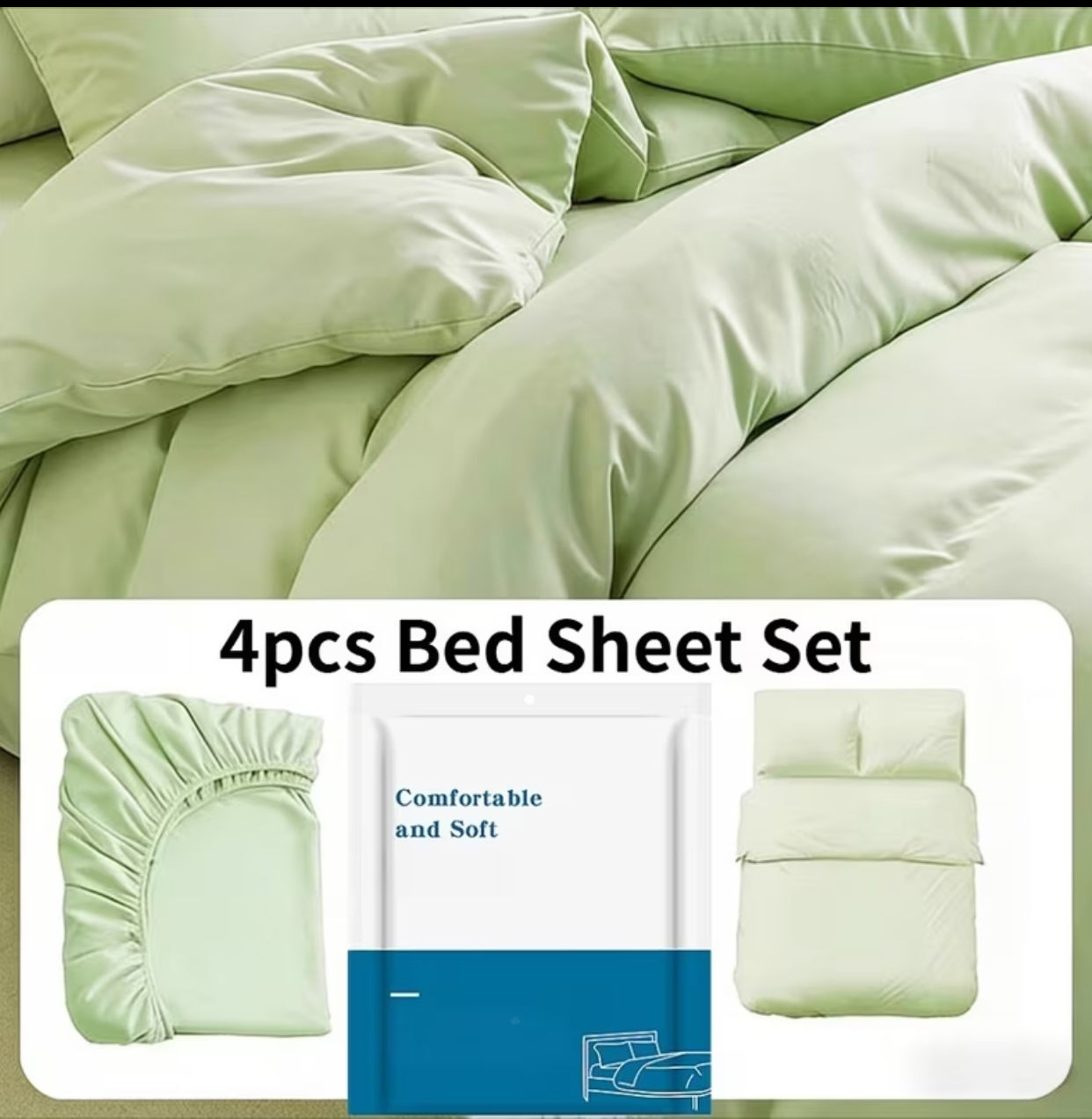 Pastel Sage Green 4-Piece Complete Bed Sheet Set – Ultra-Soft Fitted Sheet, Flat Sheet & Pillowcases Set
