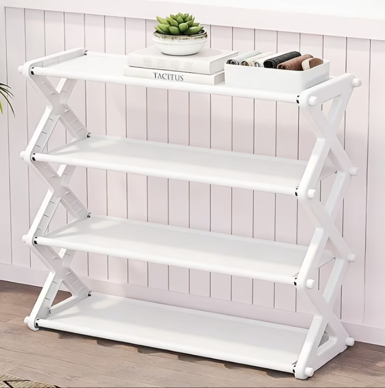 Modern Black 4-Tier X-Frame Folding Display Shelf – Multi-Purpose Storage Rack for Living Room & Entryway