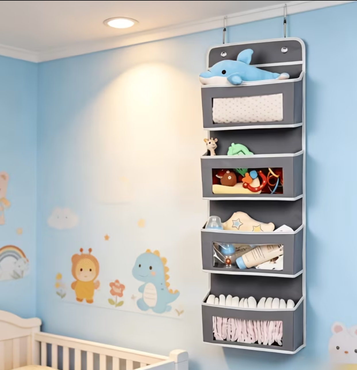 Gray 4-Pocket Over-the-Door Hanging Organizer – Space-Saving Closet Storage Bag with Clear Windows (90cm x 30cm)