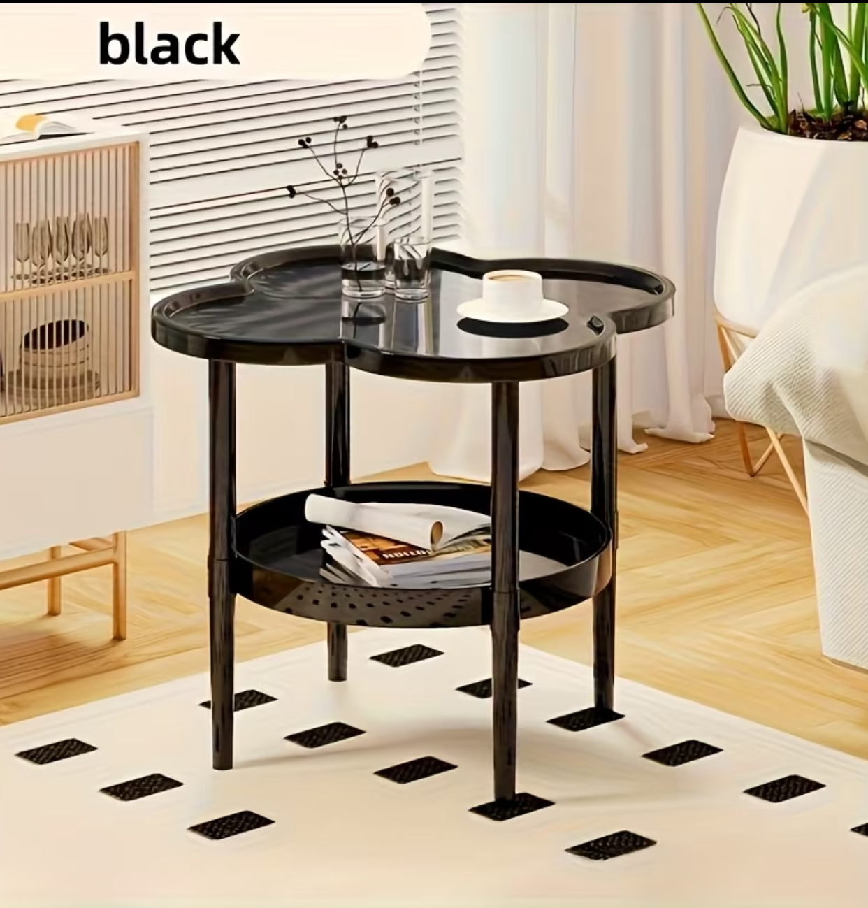 Modern Glossy Black Clover-Shaped Accent Side Table – 2-Tier Fluted Edge End Table with Storage Shelf