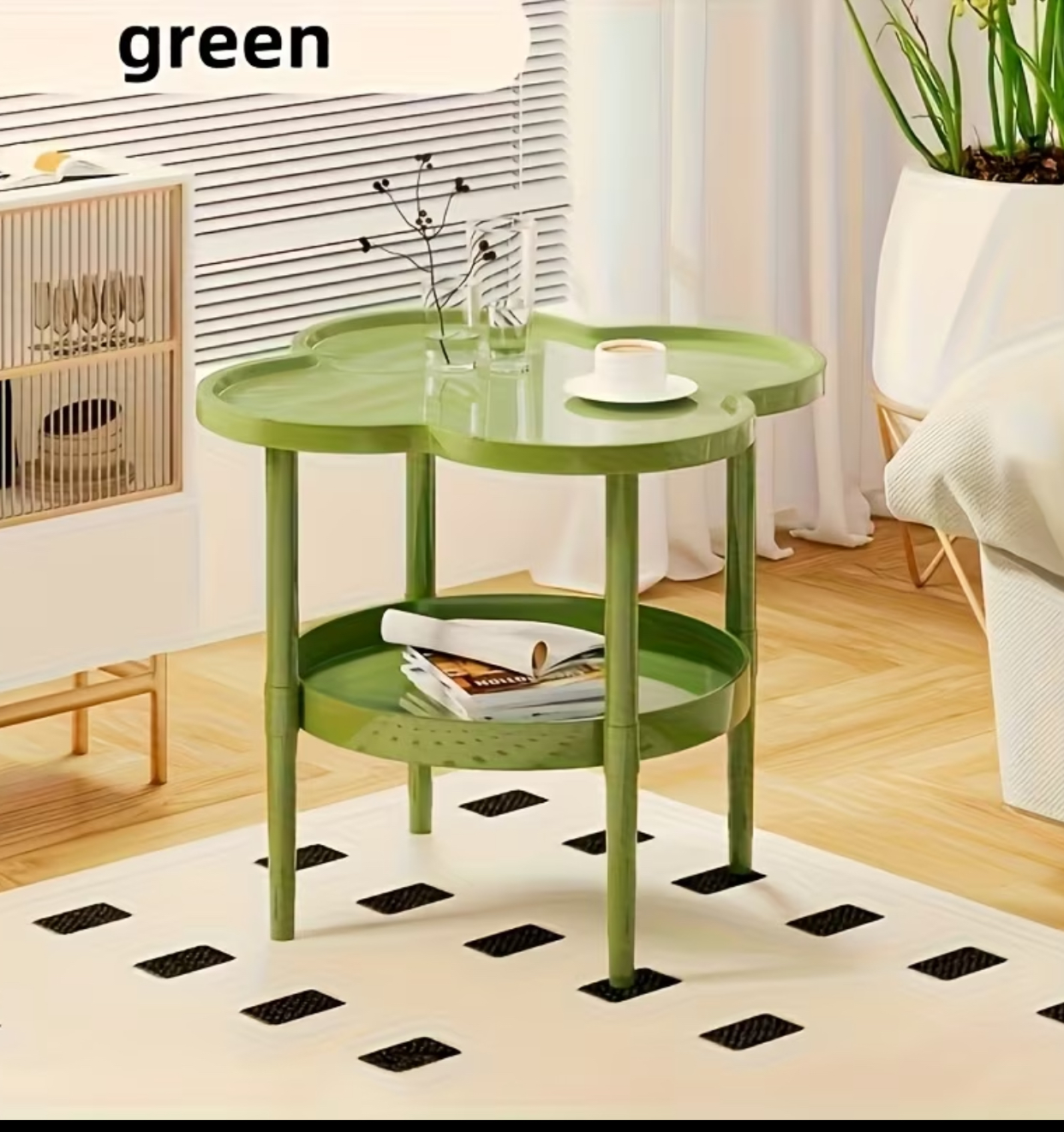 Modern Glossy Black Clover-Shaped Accent Side Table – 2-Tier Fluted Edge End Table with Storage Shelf 2