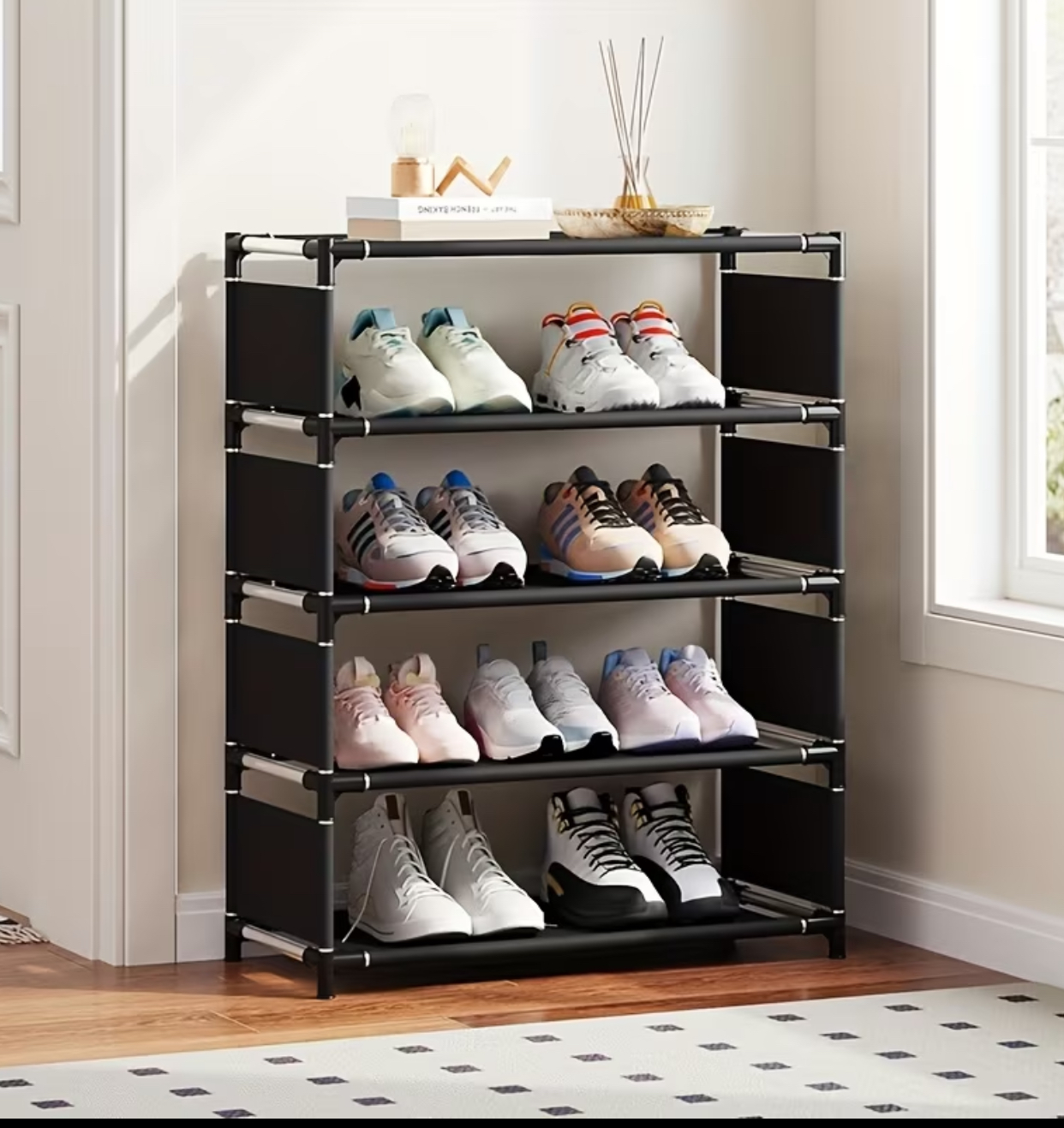 Compact 4-Tier Fabric & Metal Shoe Rack – Space-Saving Sneaker & Boot Organizer Shelf for Closets & Entryways
