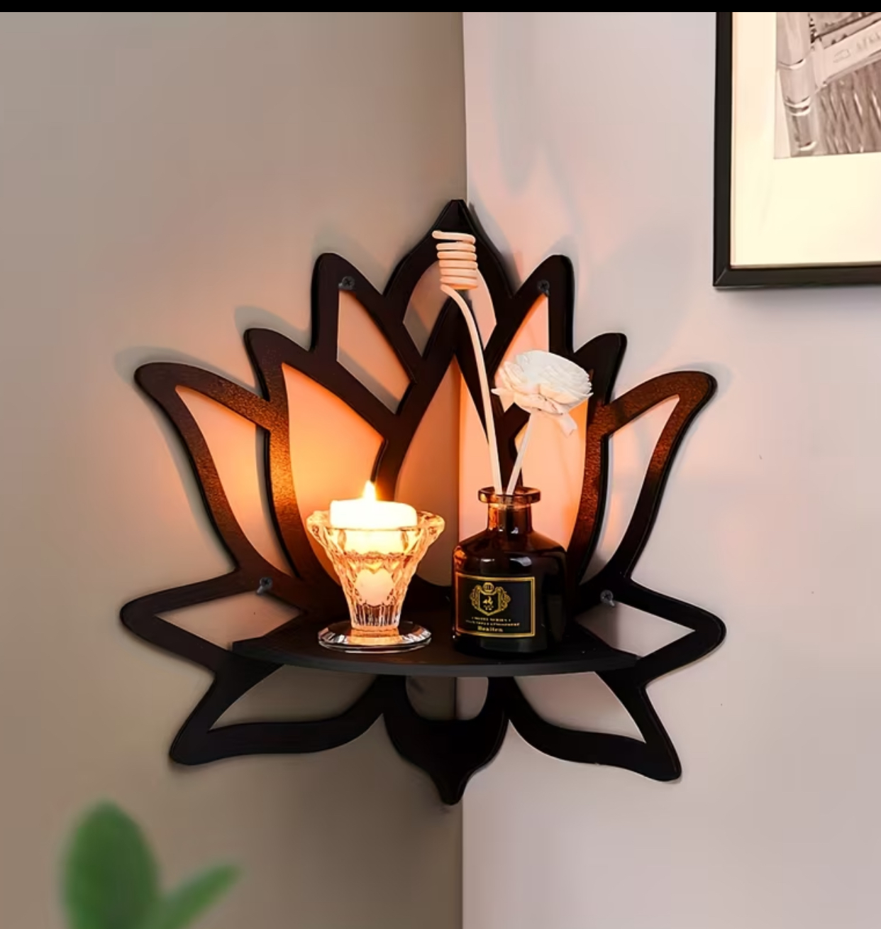 Black Lotus Flower Floating Corner Wall Shelf – Mythical Silhouette Wooden Crystal & Essential Oil Display