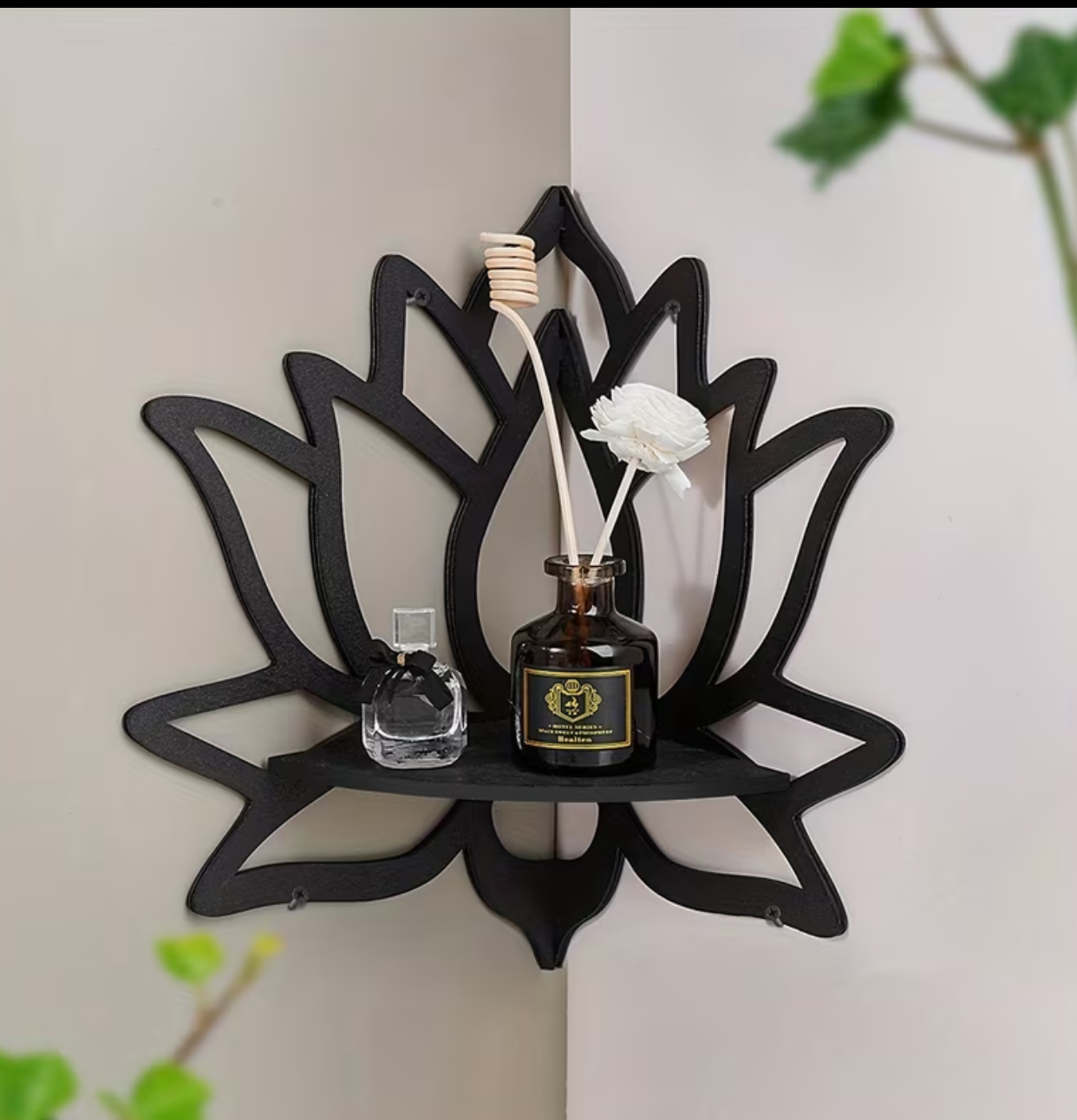 Black Lotus Flower Floating Corner Wall Shelf – Mythical Silhouette Wooden Crystal & Essential Oil Display 2