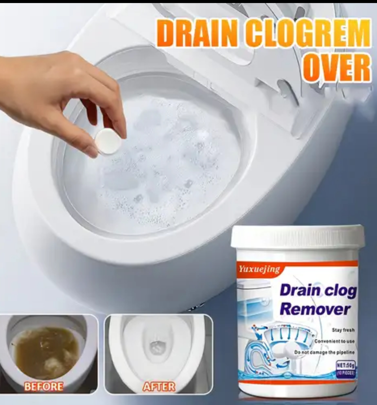 Fast-Acting Toilet & Drain Clog Remover Tablets – Deep Cleaning Effervescent Pipeline Plax Treatment (10-Piece Tub)