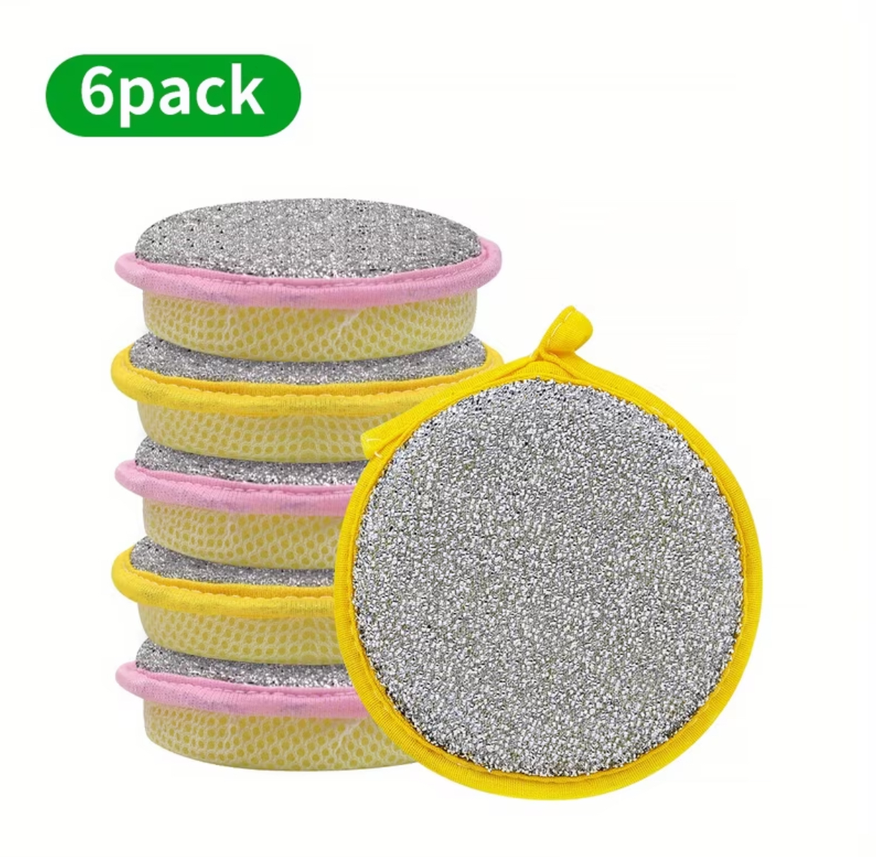 6-Pack Heavy-Duty Double-Sided Mesh Scrubbing Sponges – Round Non-Scratch Dishwashing Pads with Hanging Loop