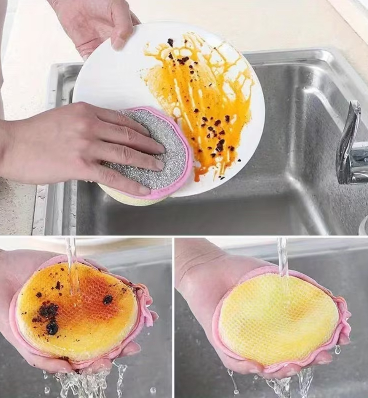 6-Pack Heavy-Duty Double-Sided Mesh Scrubbing Sponges – Round Non-Scratch Dishwashing Pads with Hanging Loop 3