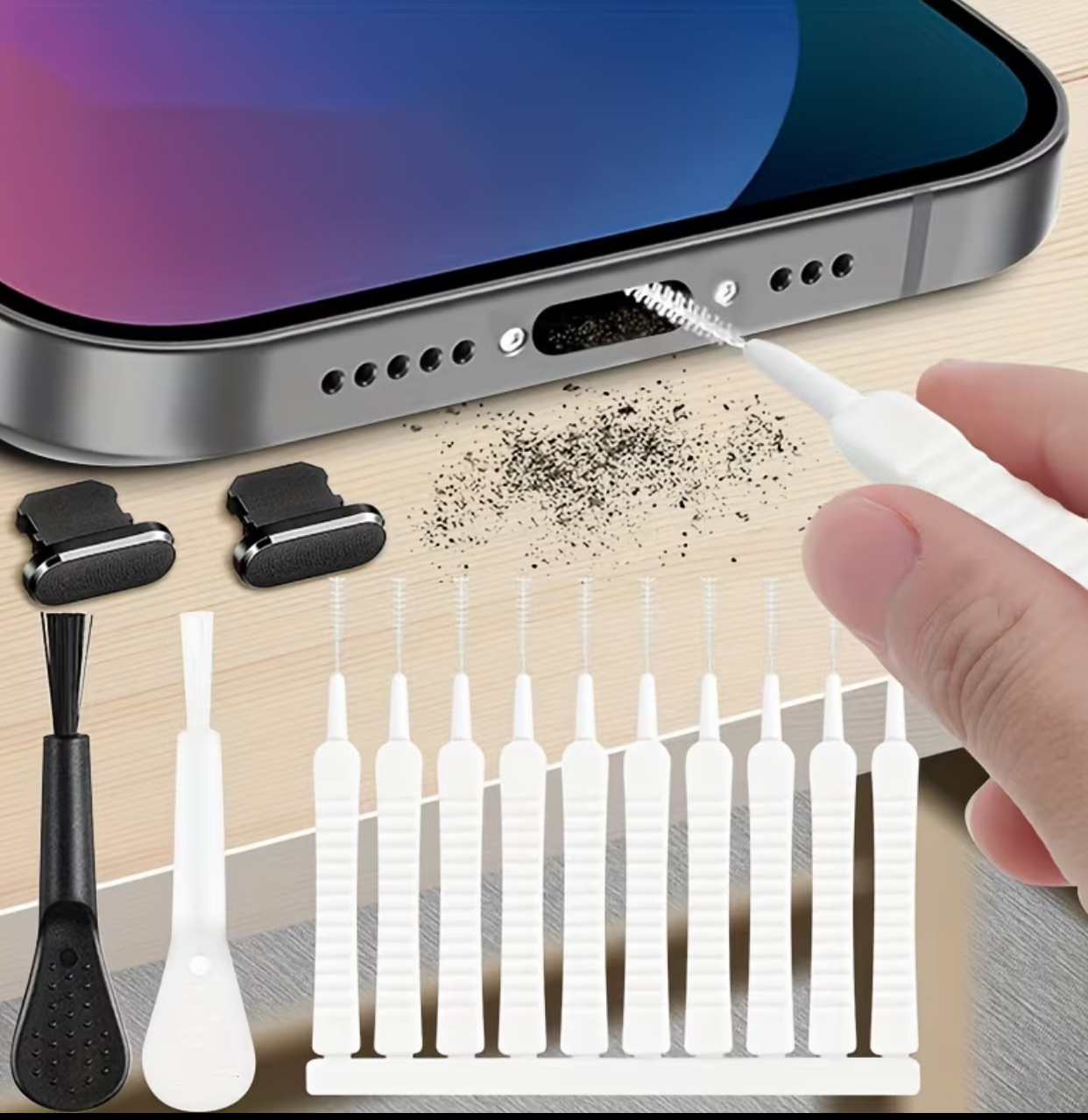 Ultimate Multi-Functional Smartphone Port Cleaning Kit – Anti-Dust Plugs & Micro Detail Brushes for iPhone & Type-C