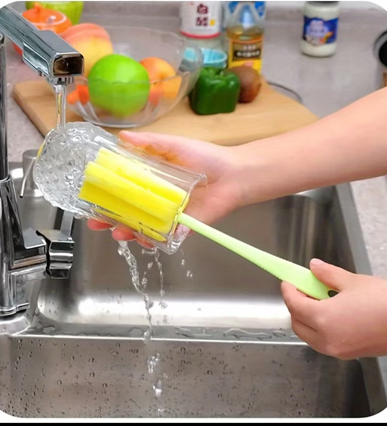 Long Handle Soft Foam Bottle Cleaning Brush – Flexible Pastel Green Sponge Scrubber for Thermoses & Glasses 2