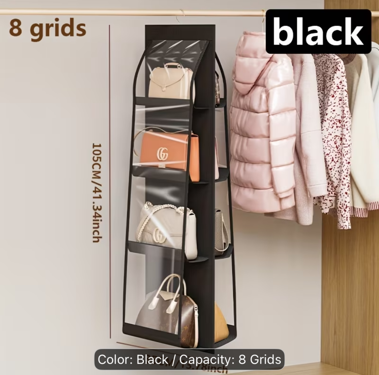 8-Grid Dustproof Hanging Purse Organizer – Grey Vertical Closet Storage Rack with Clear Viewing Pockets
