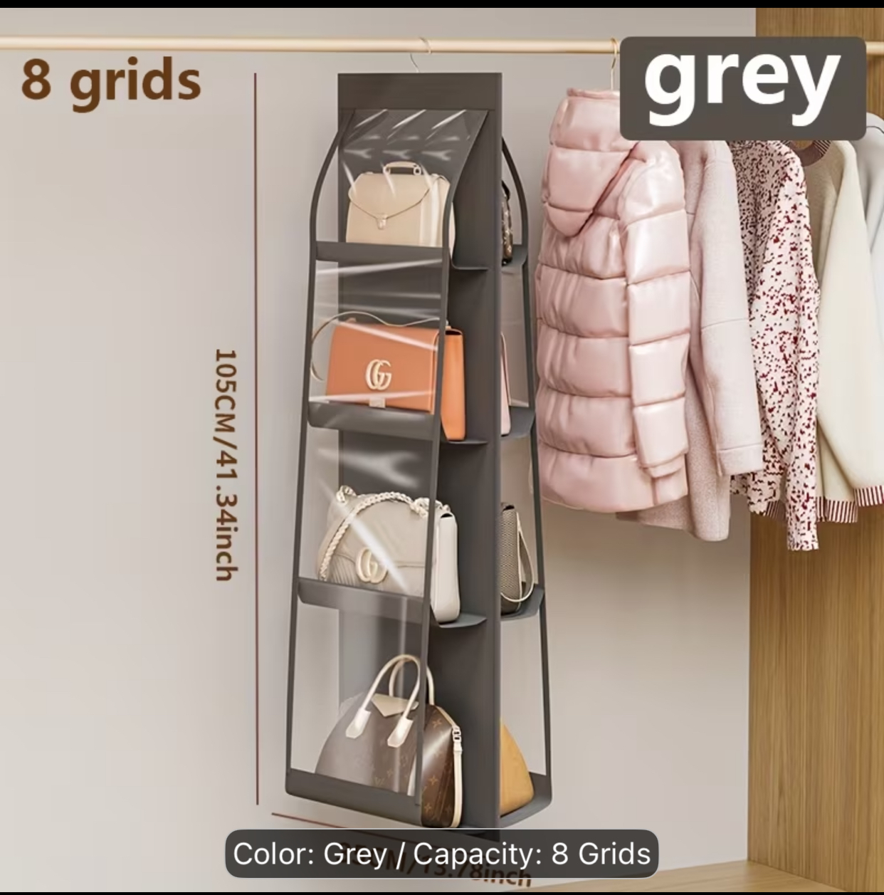 8-Grid Dustproof Hanging Purse Organizer – Grey Vertical Closet Storage Rack with Clear Viewing Pockets 2
