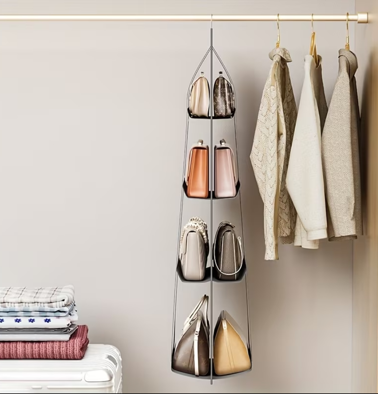 8-Grid Dustproof Hanging Purse Organizer – Grey Vertical Closet Storage Rack with Clear Viewing Pockets 3