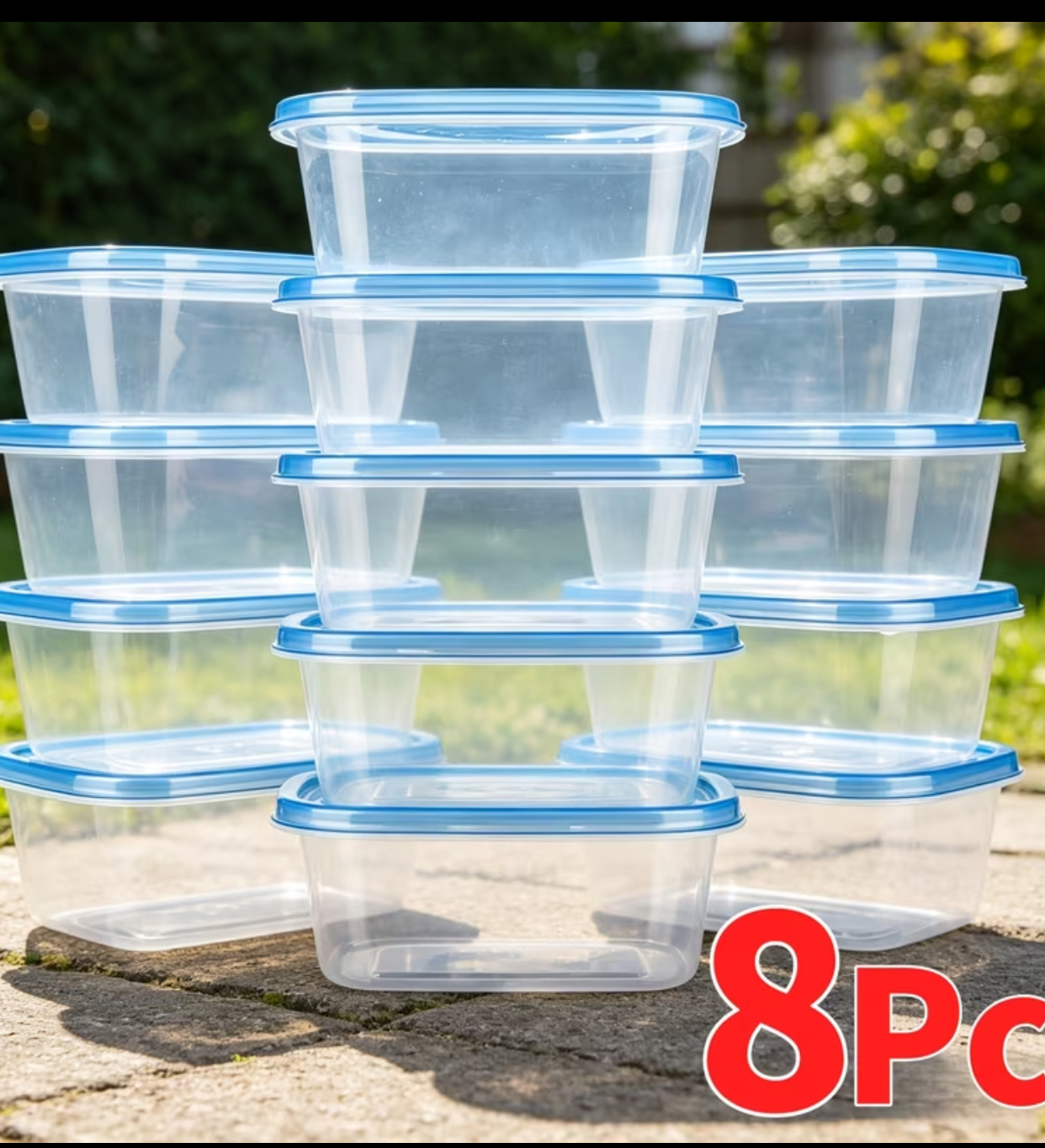 8-Piece Clear Square Meal Prep Containers – 300ml Compact Food Storage Boxes with Airtight Blue Lids