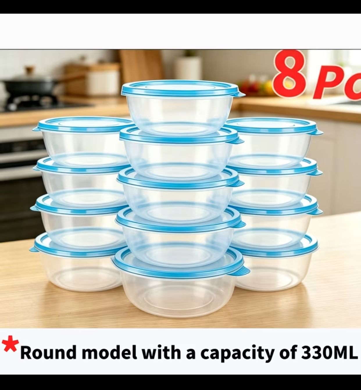 8-Piece Clear Square Meal Prep Containers – 300ml Compact Food Storage Boxes with Airtight Blue Lids 2