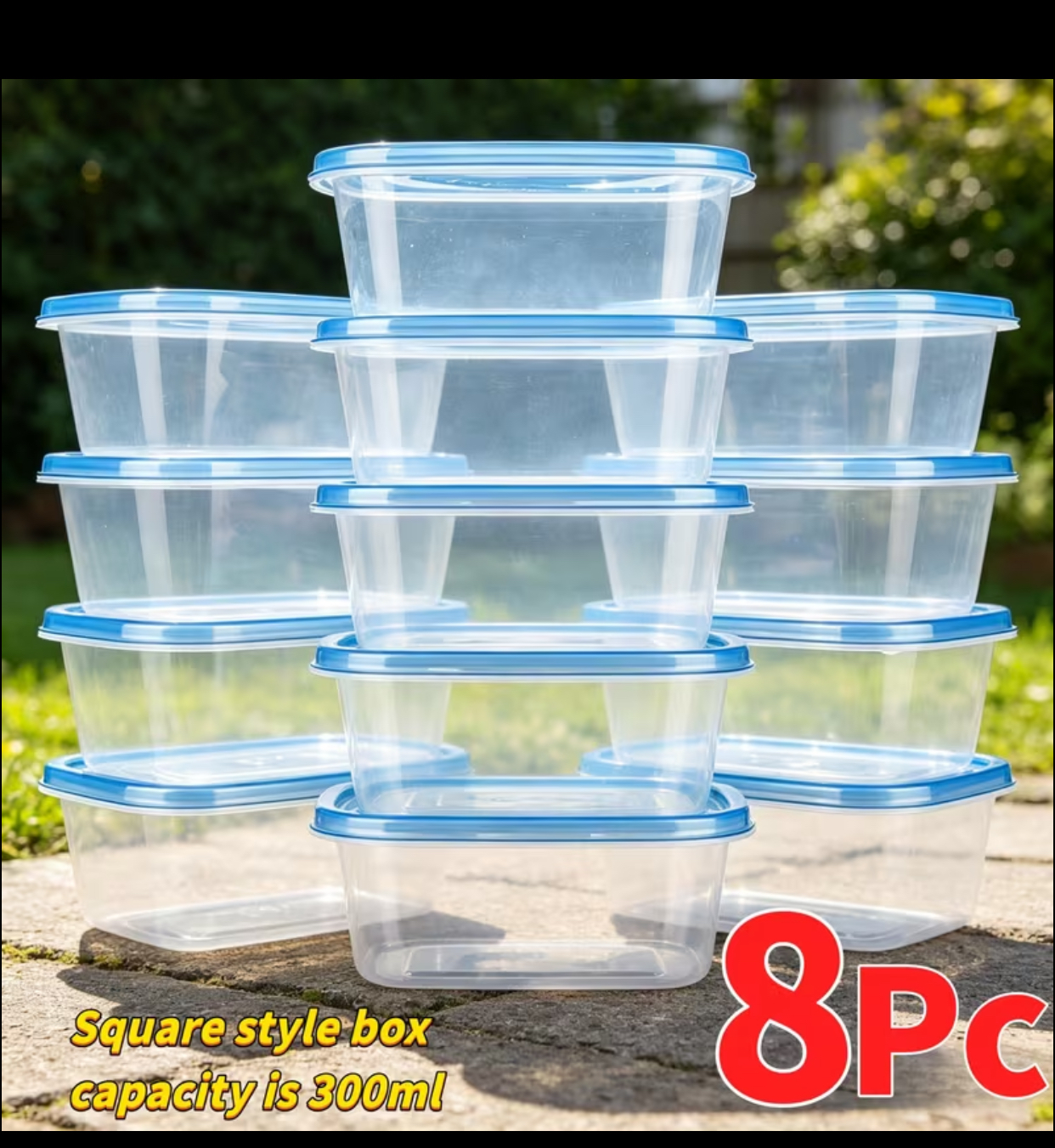 8-Piece Clear Square Meal Prep Containers – 300ml Compact Food Storage Boxes with Airtight Blue Lids 3