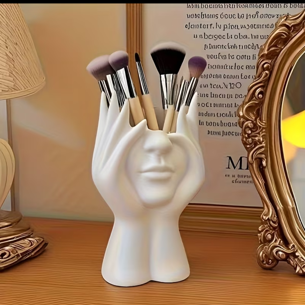 Aesthetic Ceramic Face & Hands Statue Holder – Matte White Creative Vanity Organizer for Makeup Brushes