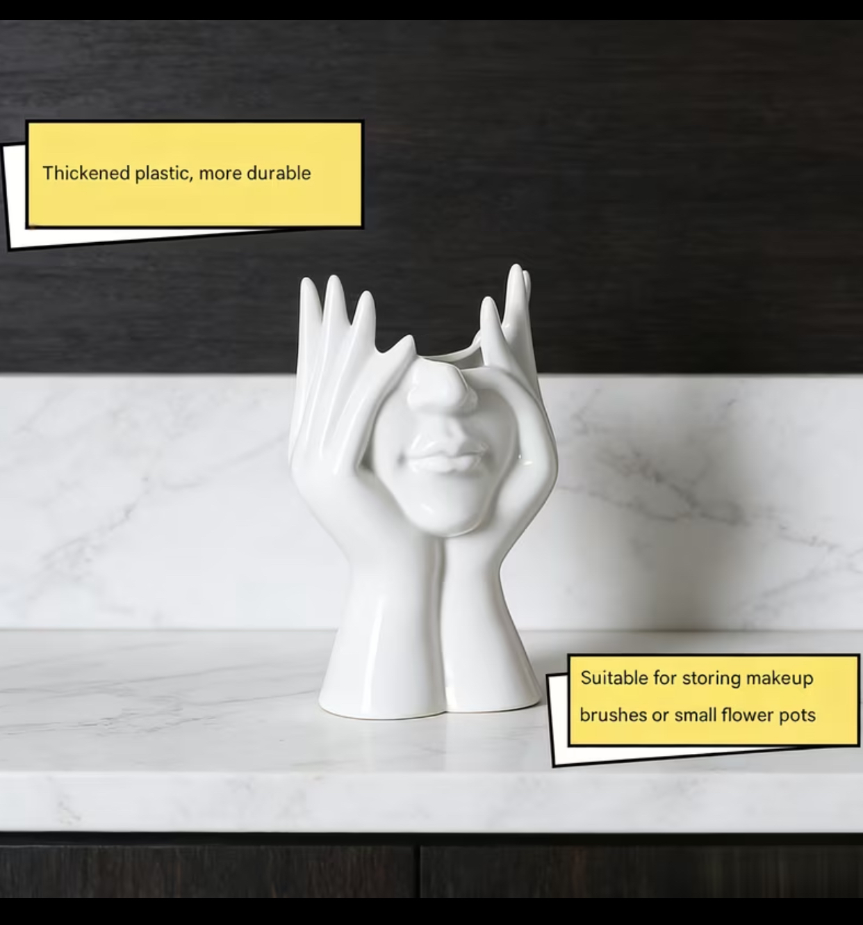 Aesthetic Ceramic Face & Hands Statue Holder – Matte White Creative Vanity Organizer for Makeup Brushes 3