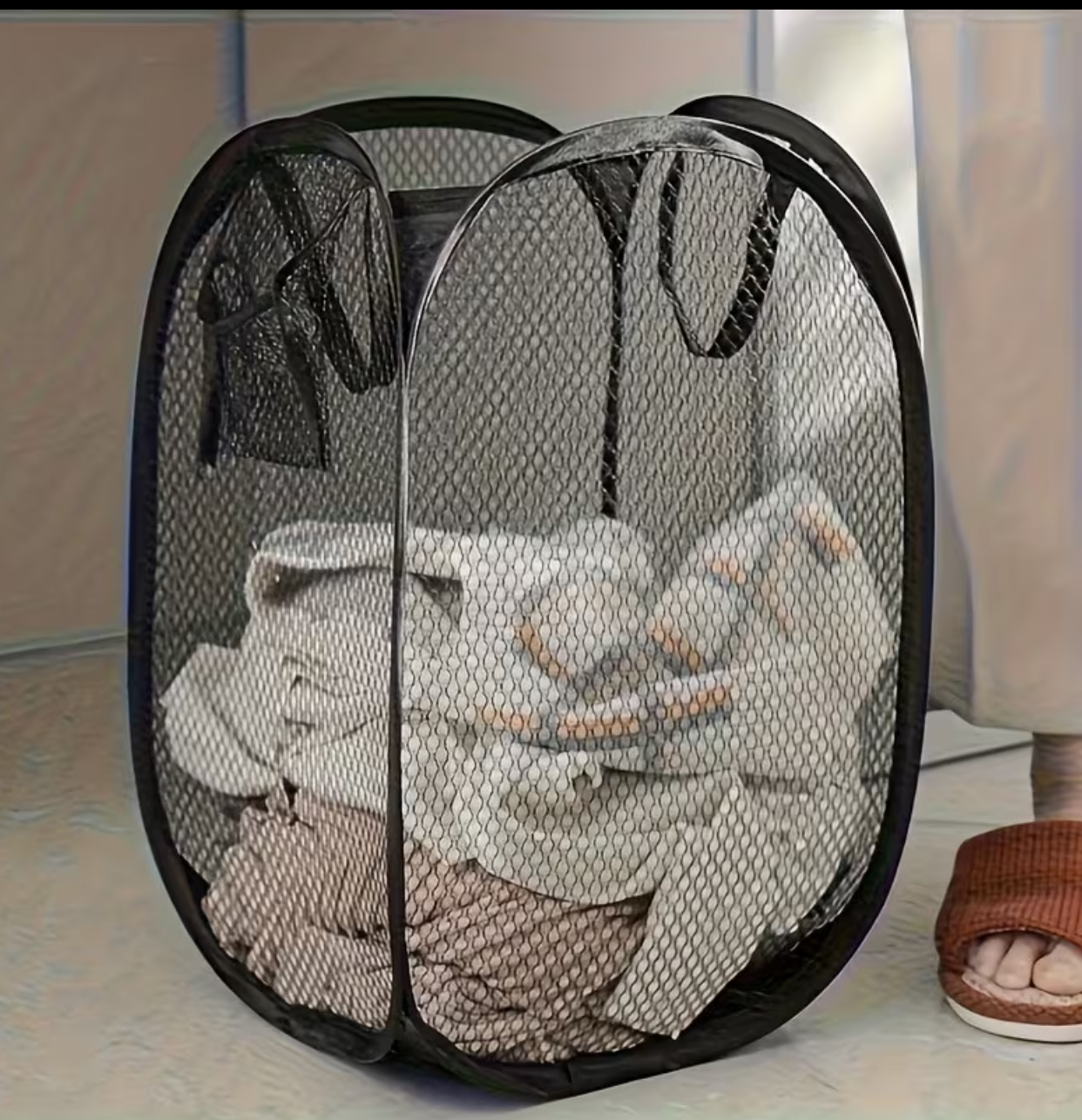 Collapsible Pop-Up Mesh Laundry Basket – Black Breathable Clothes Hamper with Side Pocket