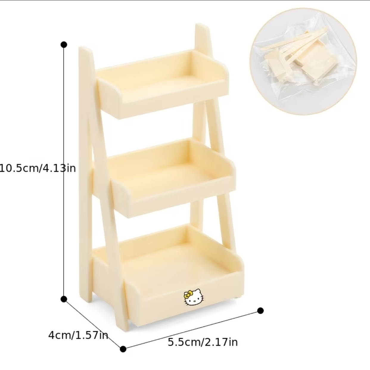 Mini 3-Tier Plastic Desktop Organizer – Pastel Cream Dollhouse Toy Rack with Cartoon Detail 3