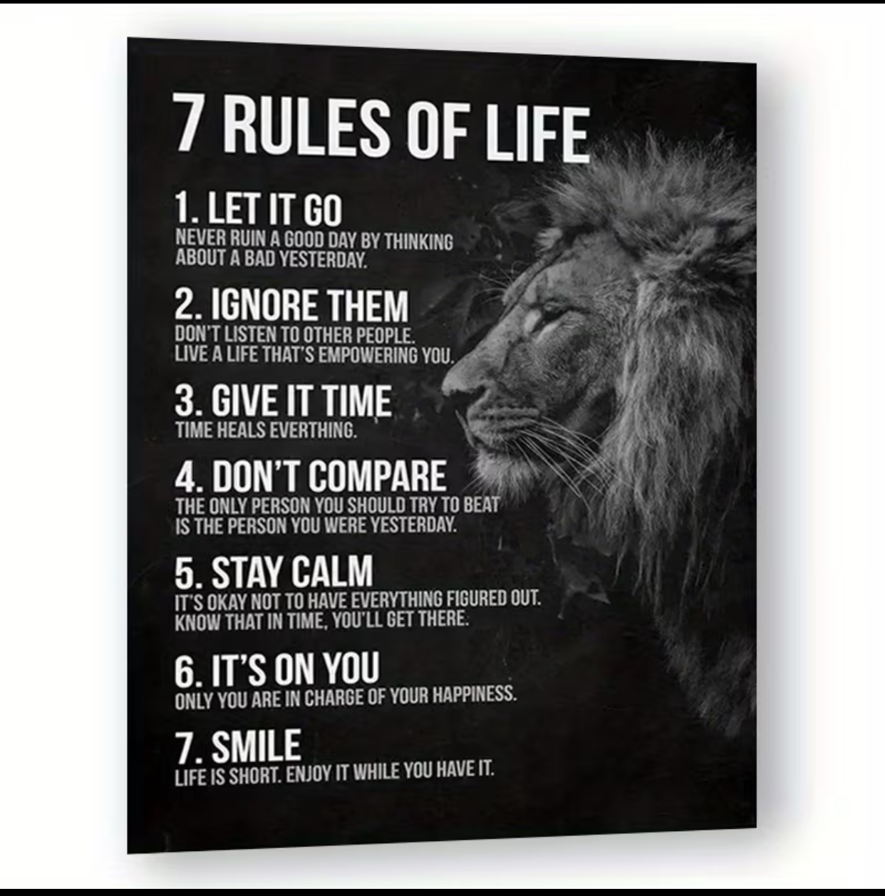 "7 Rules of Life" Frameless Motivational Poster – Black & White Lion Canvas Wall Art Print (20.32 \times 25.4\text{cm})