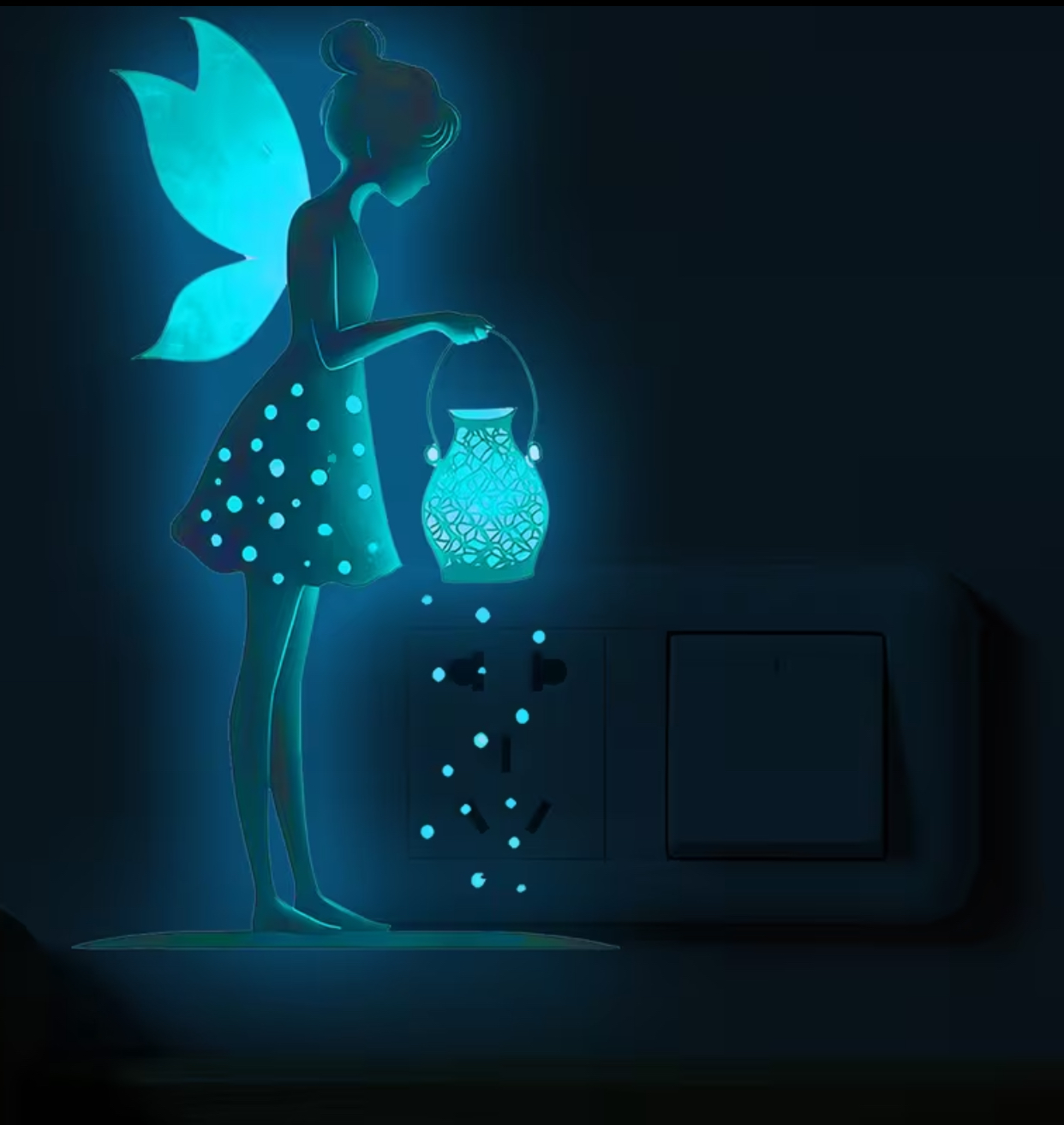 Luminous Fairy with Lantern Wall Sticker – Glow-in-the-Dark Silhouette Decal for Kids' Bedroom (Model AFG4025-Blue)