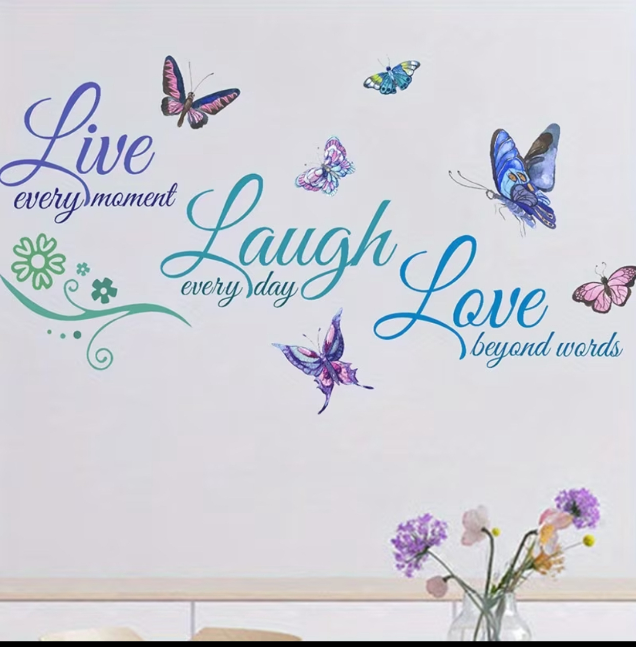 Live, Love, Laugh" Inspirational Quote Wall Stickers – Elegant Script Lettering & Watercolor Butterfly Decals