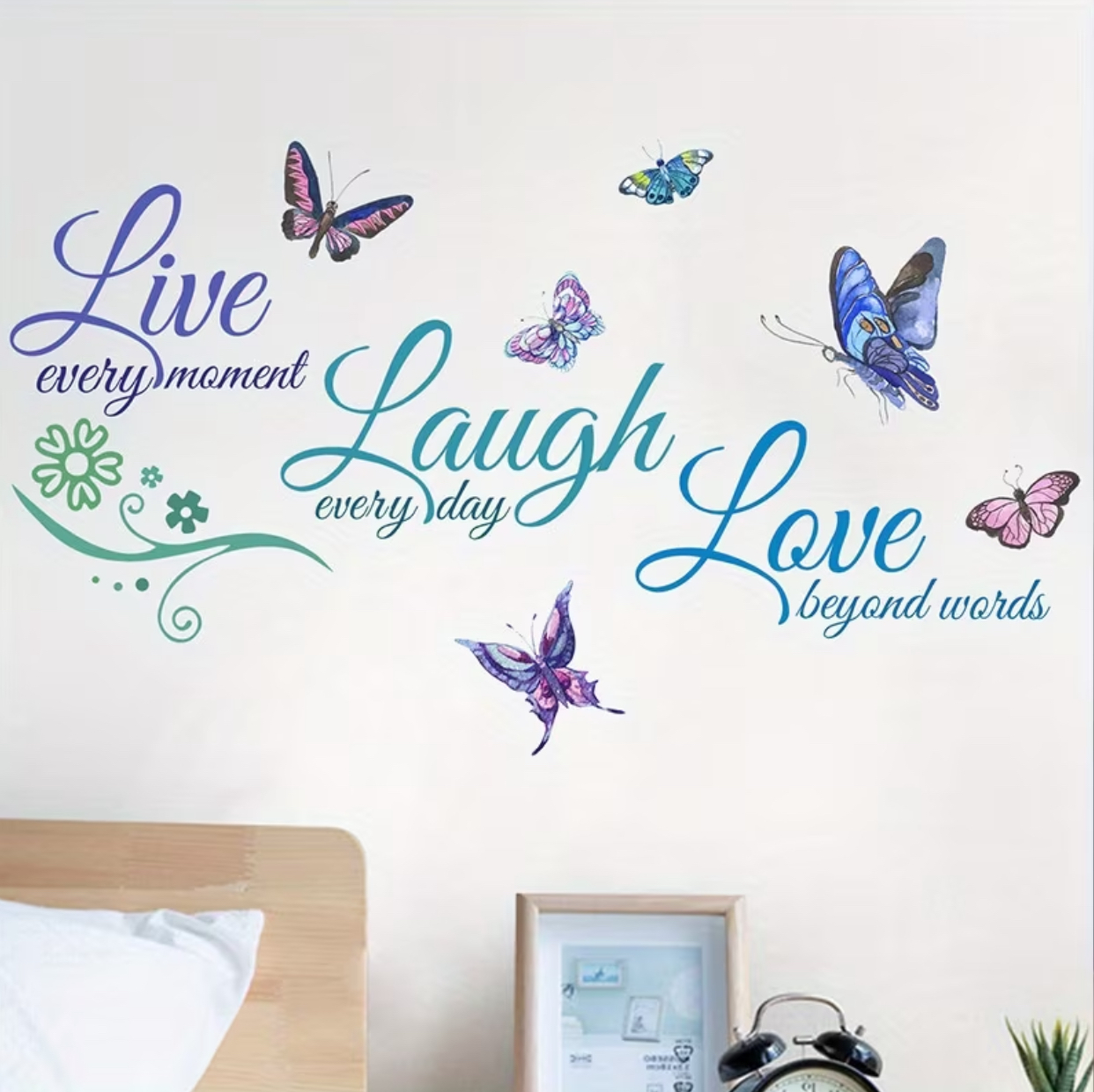 Live, Love, Laugh" Inspirational Quote Wall Stickers – Elegant Script Lettering & Watercolor Butterfly Decals 3