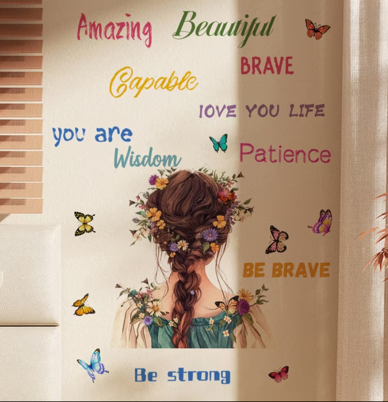 Floral Braided Girl Wall Decal – Colorful Daily Affirmations & Inspirational Words Sticker Set (20 \times 40\text{cm})