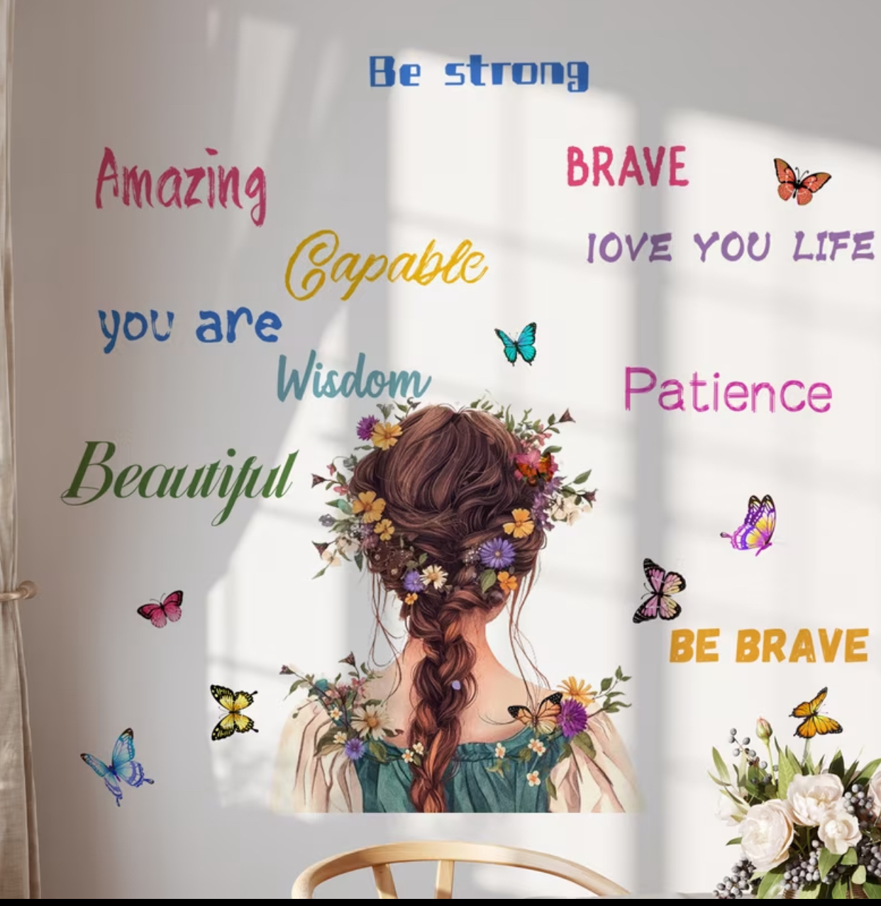 Floral Braided Girl Wall Decal – Colorful Daily Affirmations & Inspirational Words Sticker Set (20 \times 40\text{cm}) 3