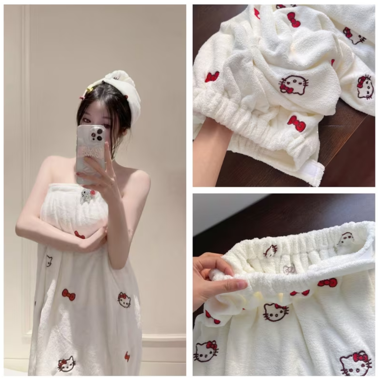 Cute Cartoon Embroidered Wearable Bath Towel Set – Soft Absorbent Fleece Spa Robe & Elastic Hair Drying Wrap