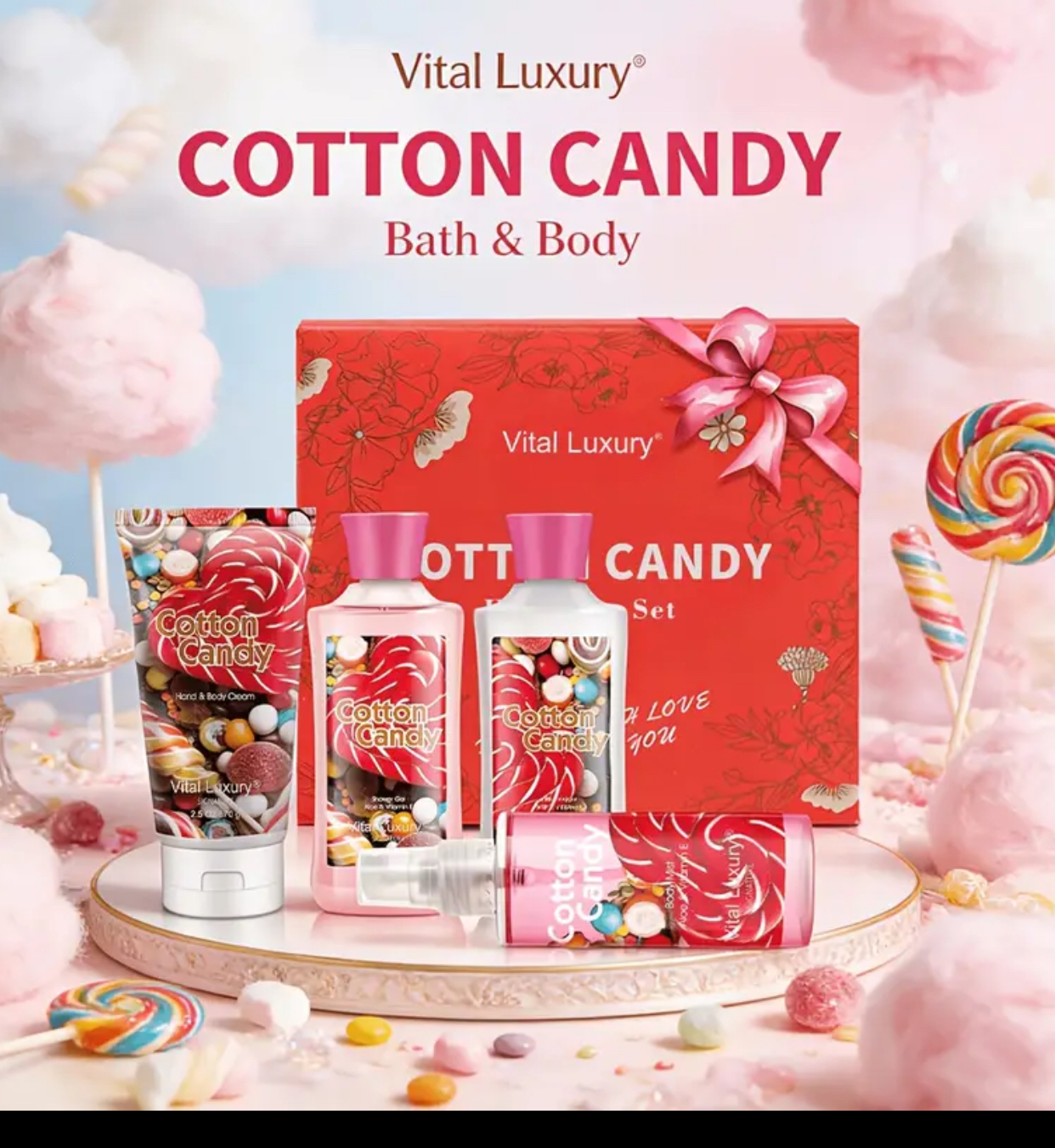 Vital Luxury "Cotton Candy" 4-Piece Bath & Body Gift Set – Sweet Scented Lotion, Shower Gel, Body Mist & Hand Cream