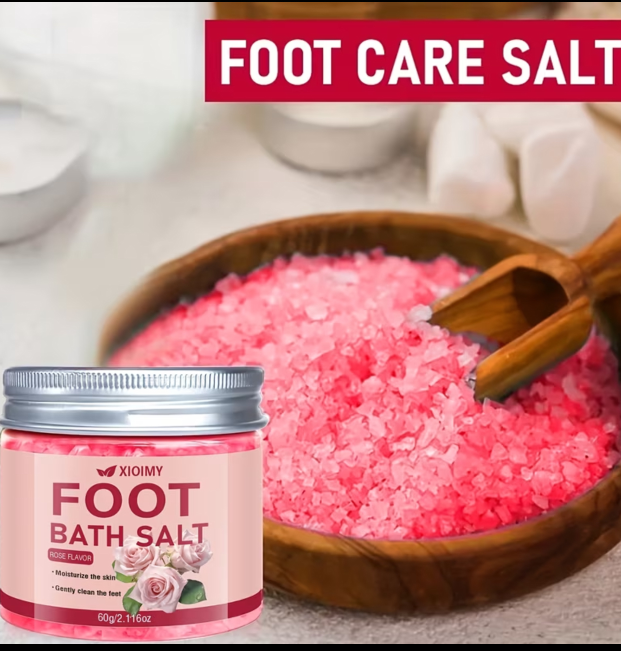 Xioimy Rose Scented Foot Bath Salt – Relieving & Cleansing Pink Epsom Salt Blend for Foot Soaks (60g / 2.116oz)