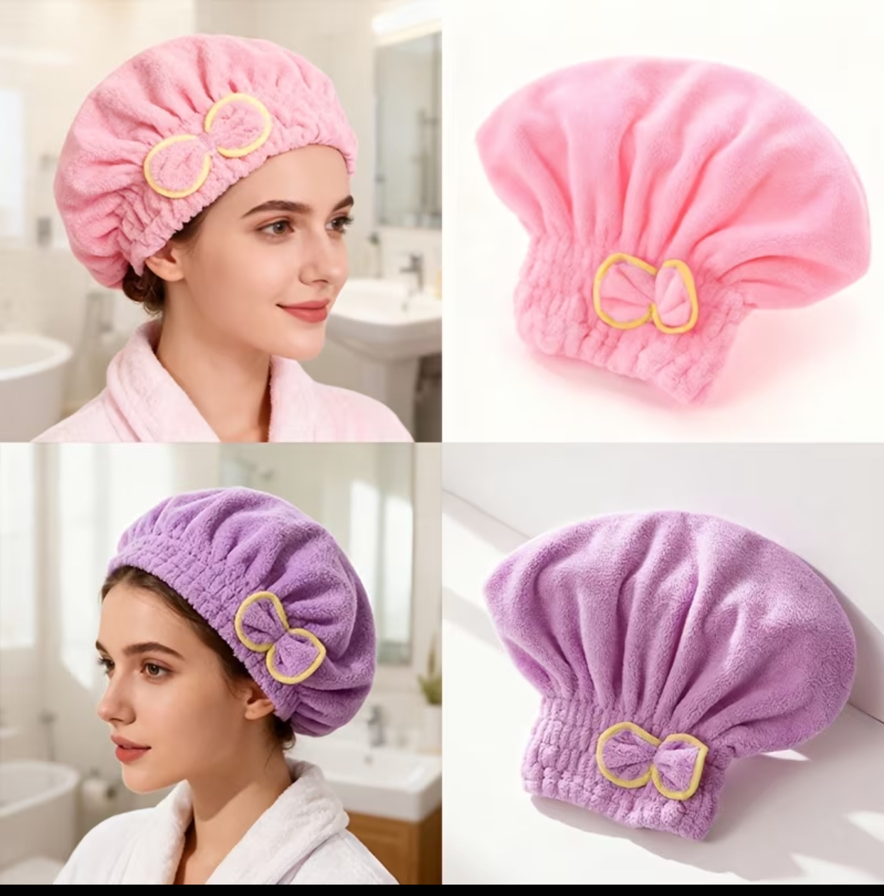 Cute Pink Coral Fleece Hair Drying Turban – Ultra-Absorbent Elastic Quick-Dry Magic Towel Cap with Yellow Bow