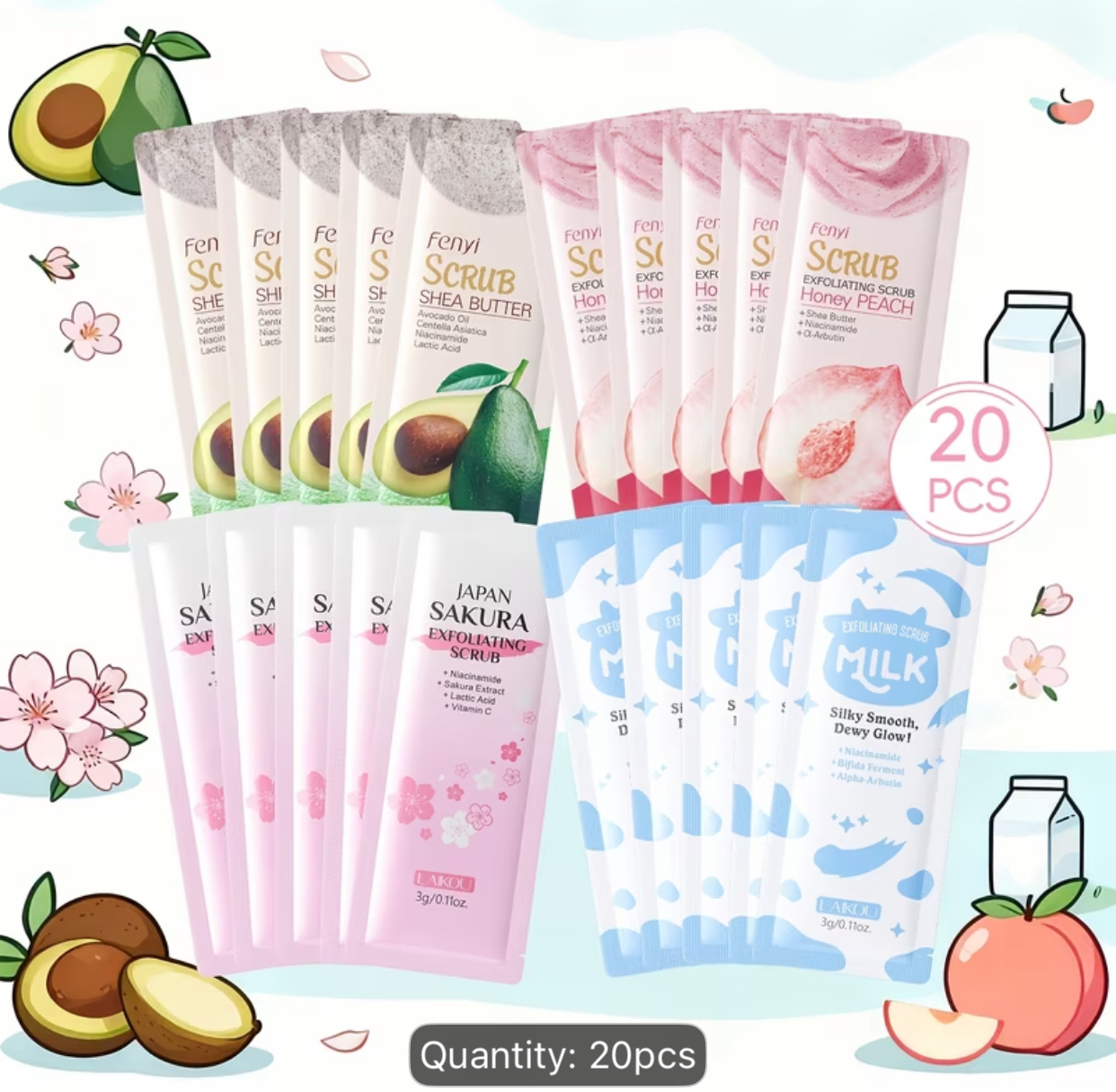 Fenyi 20-Pack Assorted Exfoliating Facial Scrub Sachets – Shea Butter, Honey Peach, Sakura & Milk Single-Use Cleansers