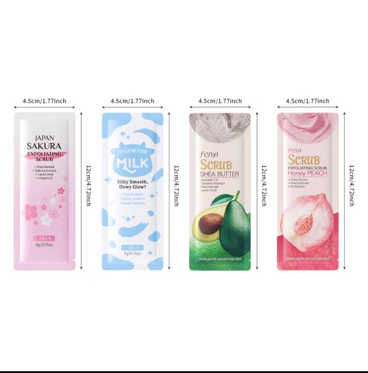 Fenyi 20-Pack Assorted Exfoliating Facial Scrub Sachets – Shea Butter, Honey Peach, Sakura & Milk Single-Use Cleansers 2