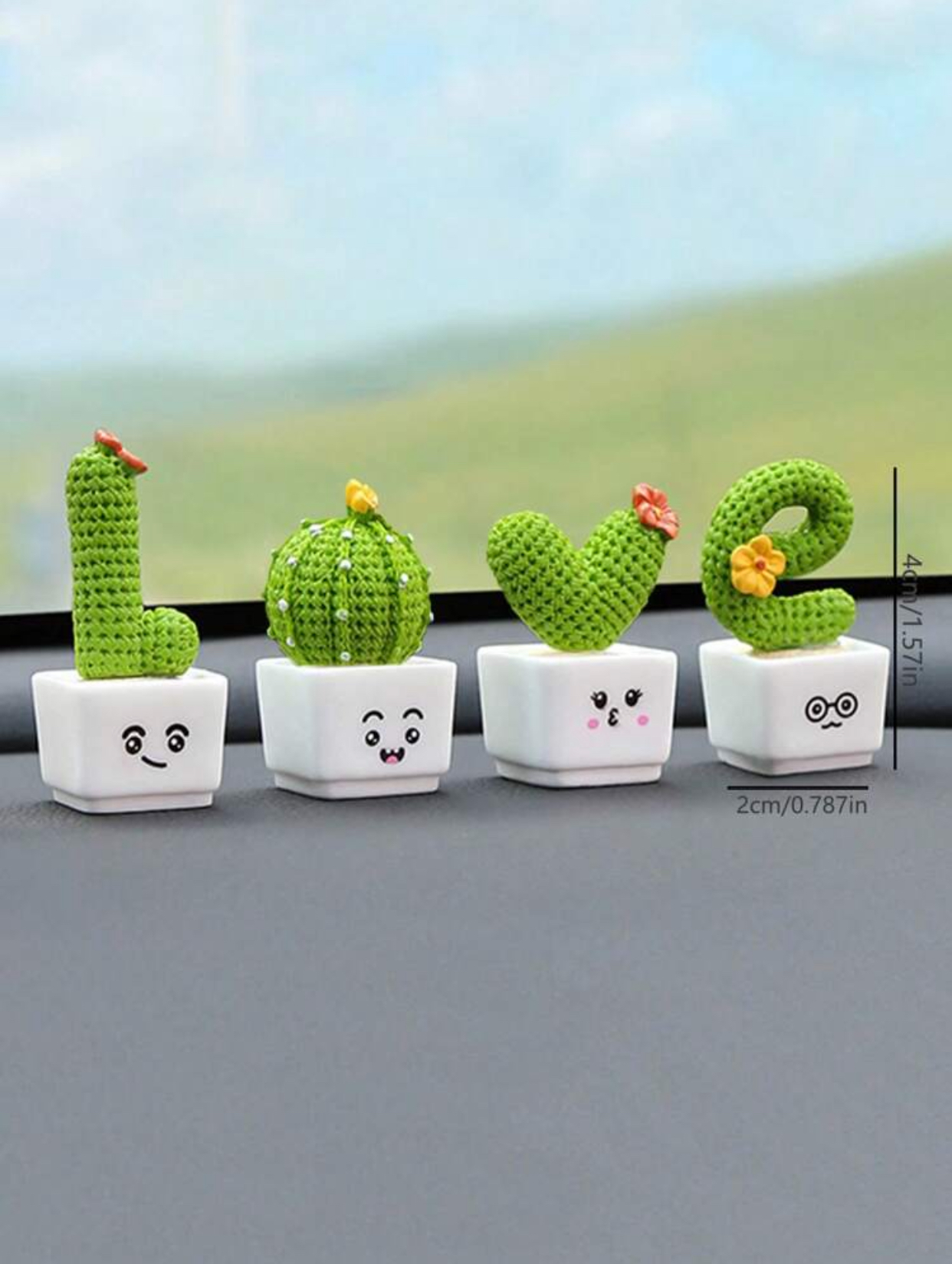 4-Pack Mini Knitted Crochet Cactus Figurines – Desktop Artificial Potted Plants Spelling "LOVE"