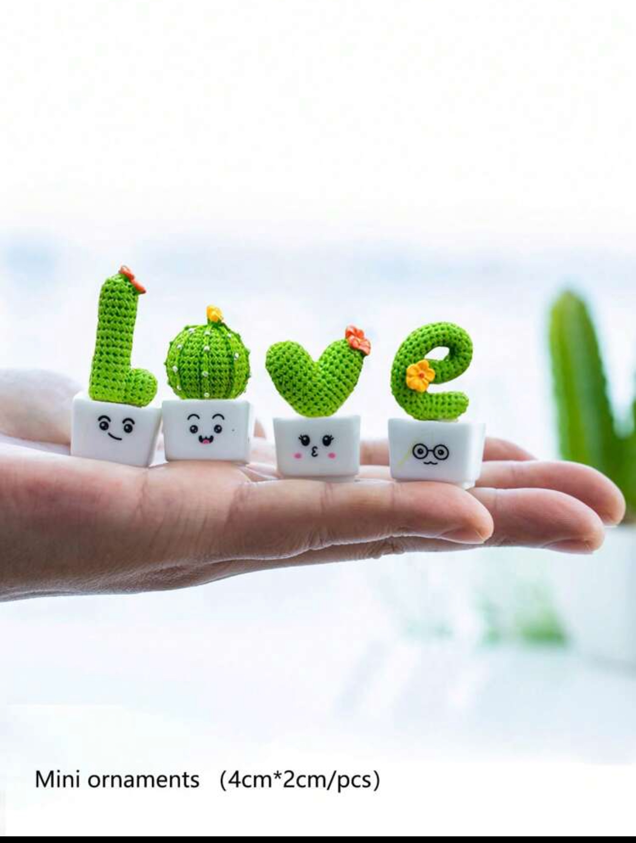 4-Pack Mini Knitted Crochet Cactus Figurines – Desktop Artificial Potted Plants Spelling "LOVE" 3