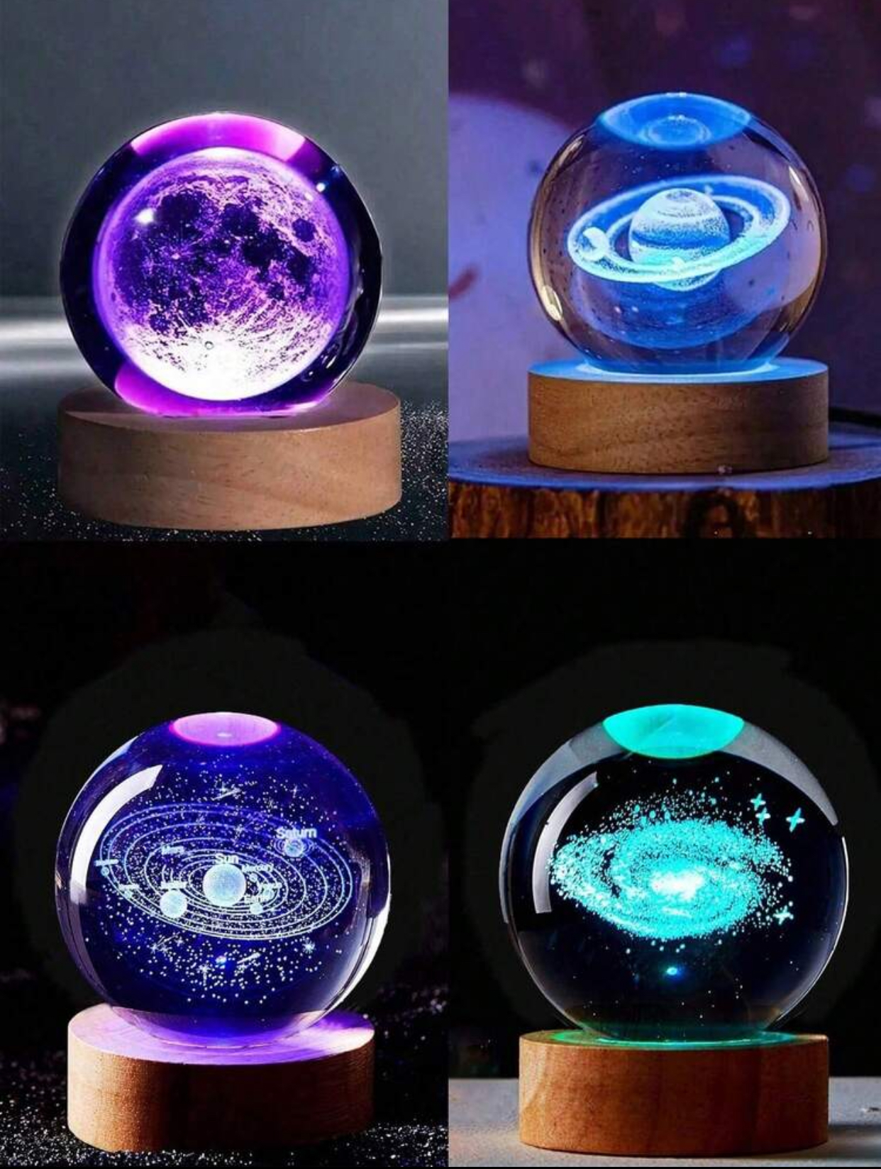 3D Laser Engraved Crystal Ball LED Night Light – Multicolor Glowing Cosmic Globe with Wooden Base