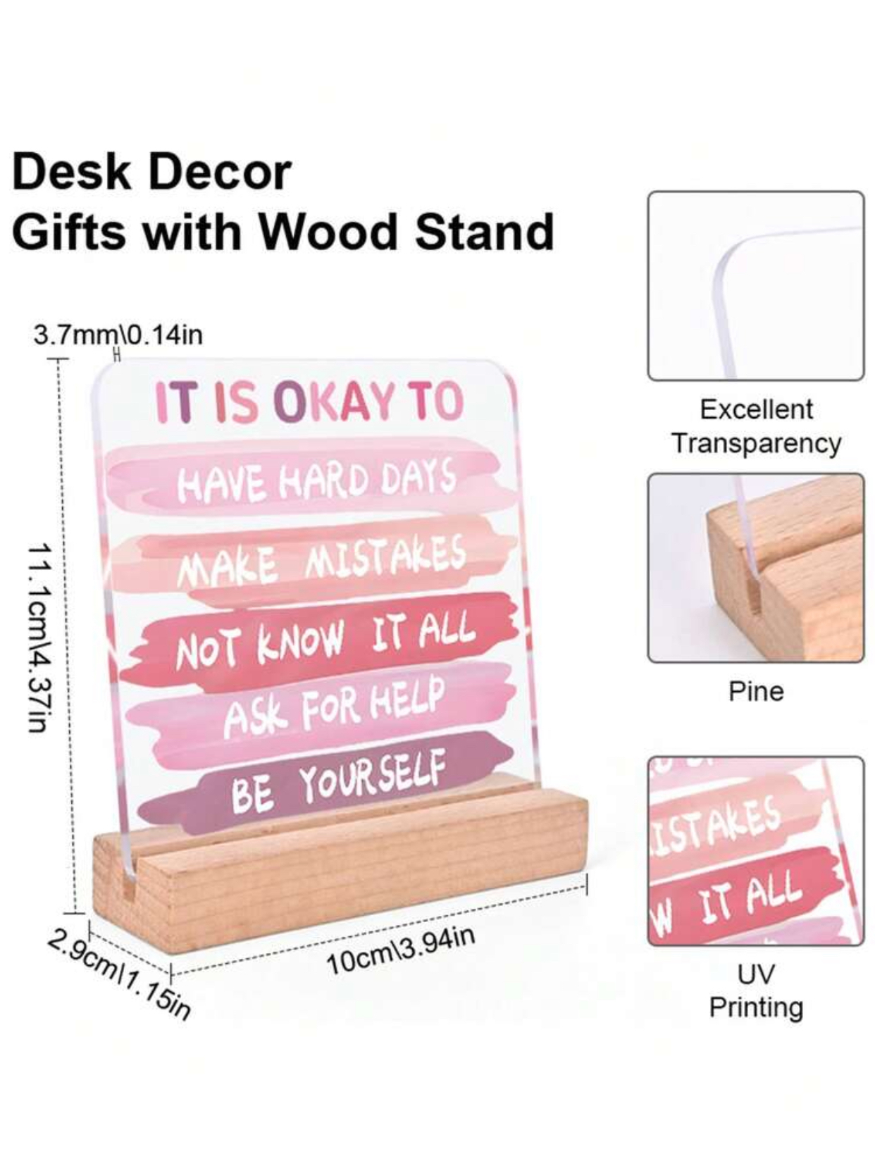 It Is Okay To" Inspirational Acrylic Desk Plaque – Positive Affirmation Art with Pine Wood Base (10 \times 11.1\text{cm}) 3