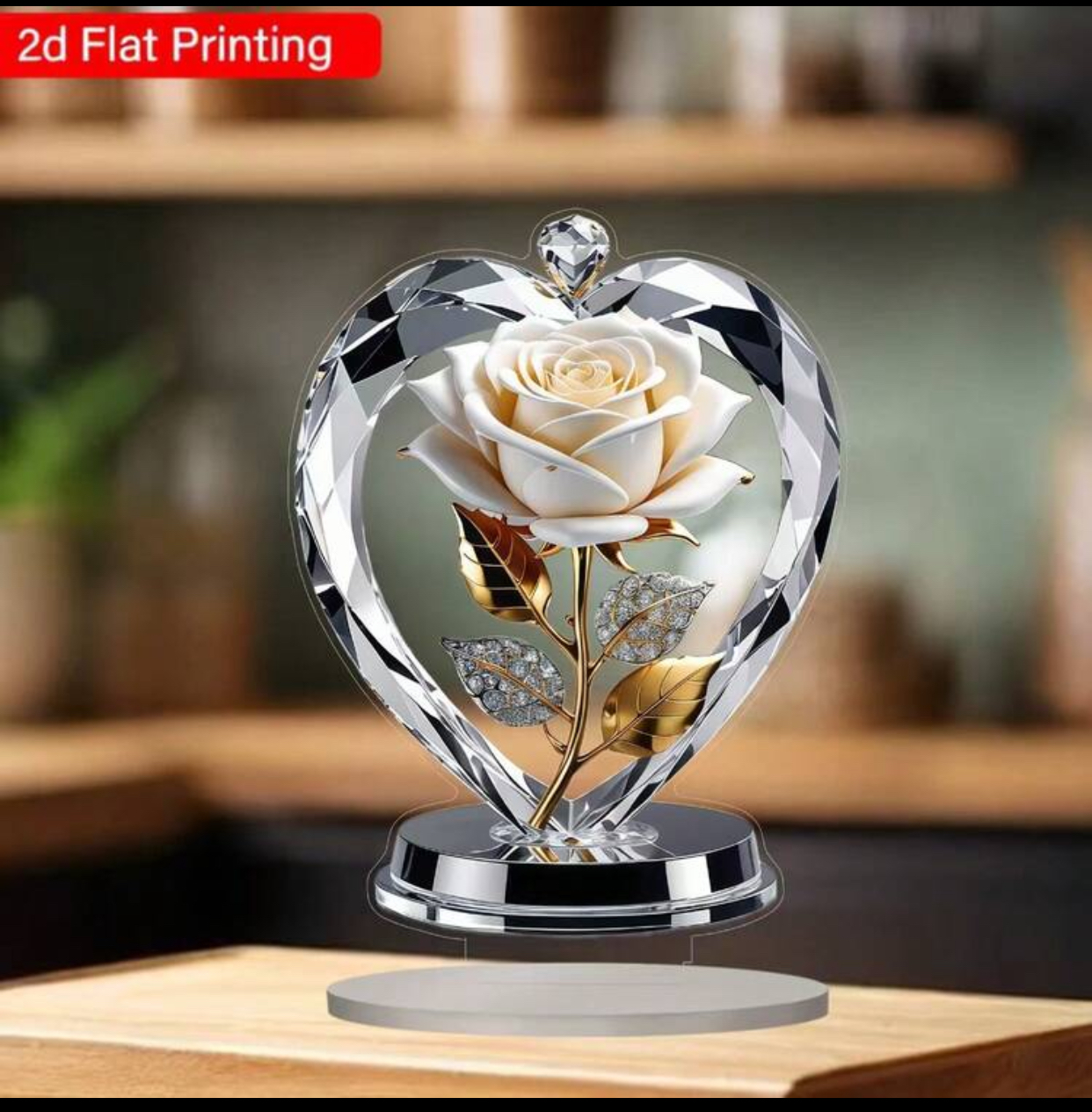2D Flat Printed Acrylic Heart & White Rose Display – Faux Crystal Floral Desk Ornament